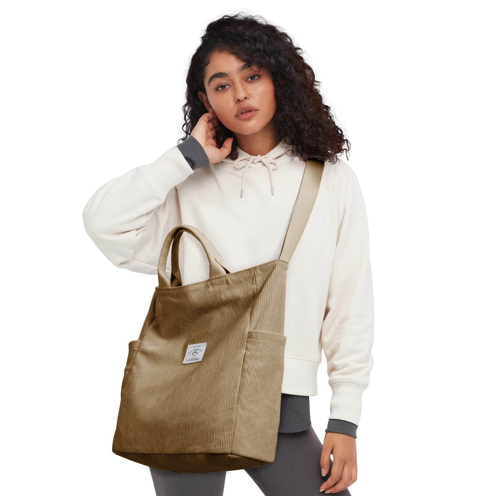 Left. Fabibe - Corduroy Tote Bag  Large Messenger Shoulder Hobo Anti Splash Crossbody Zipper Casual Work Shopping Women - Grey Leaf.