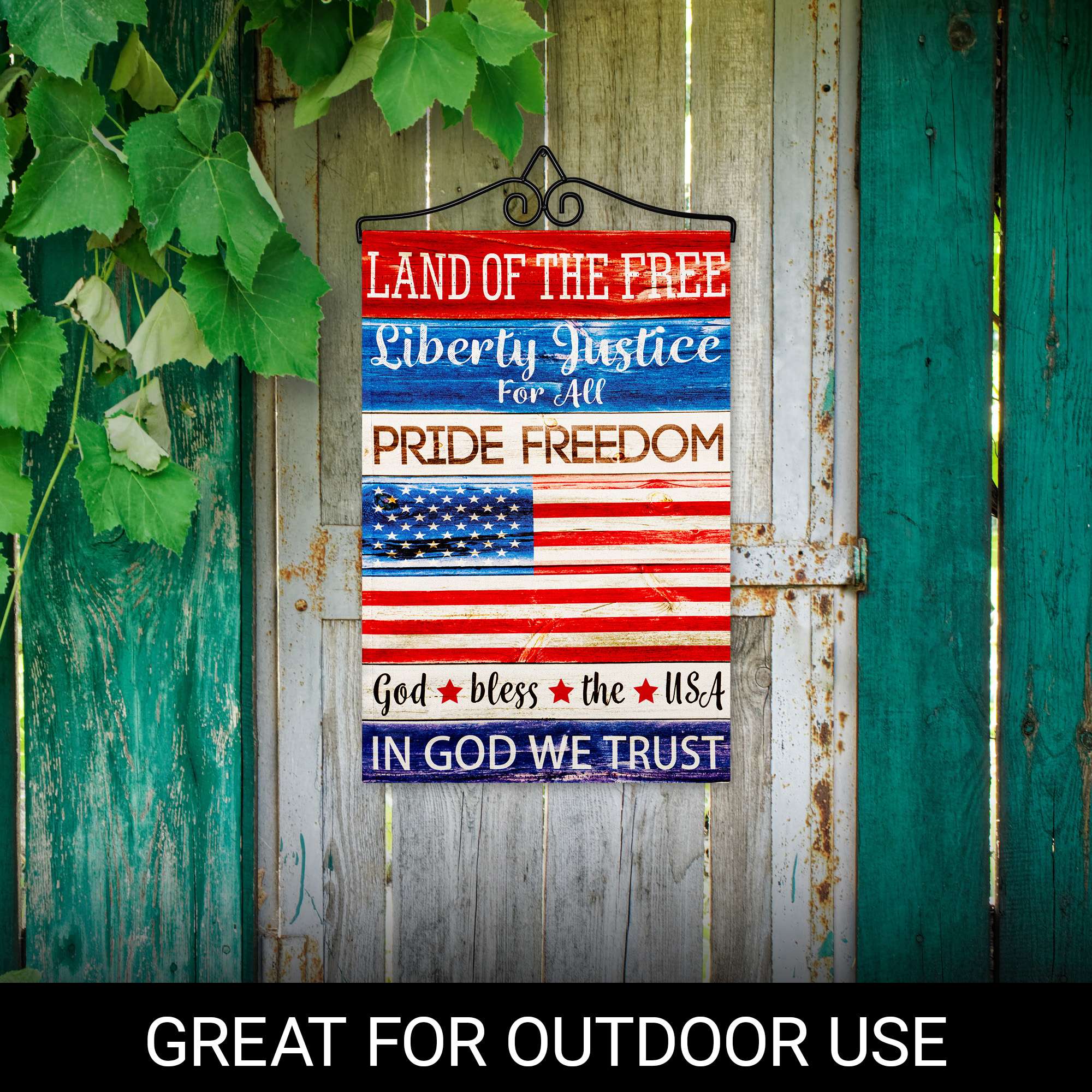 LAND OF THE FREE  
Liberty Justice For All  
PRIDE FREEDOM  
God bless the USA  
IN GOD WE TRUST  
GREAT FOR OUTDOOR USE