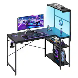 RSPGAME - 41.5inch Reversible L-Shaped Gaming Desk with Power Outlet and and Hutch Storage, Gaming Small Corner Desk - Black