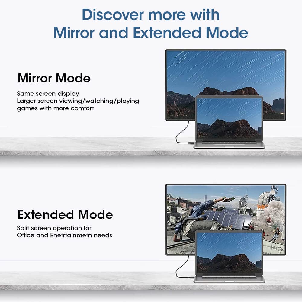 Discover more with Mirror and Extended Mode

Mirror Mode  
Same screen display  
Larger screen viewing/watching/playing games with more comfort

Extended Mode  
Split screen operation for Office and Entertainment needs