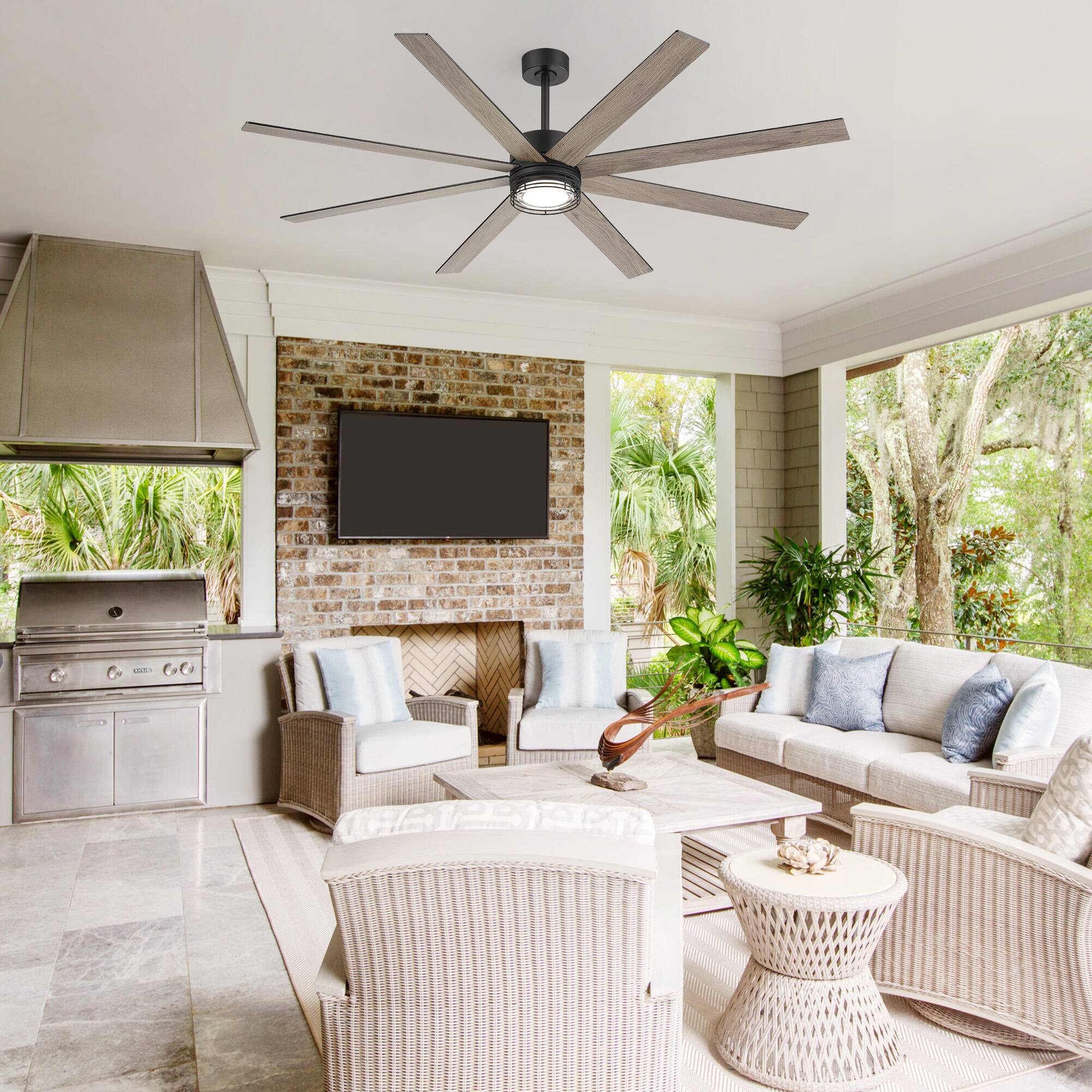 Alt View 2. Breezary - 72-Inch Modern Ceiling Fan with Dimmable 3-Color LED Light 8 Blades DC Motor Remote Timer Downrod Mount - 72-inch Black and Wood Grain.