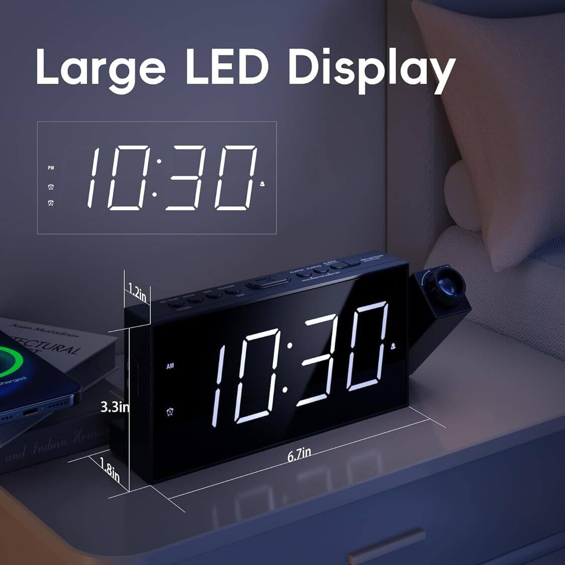 Angle. Dazzed Corner - Digital Projector Alarm Clocks,Plug-in Clock,Battery Backup,USB Charging Port - Black.