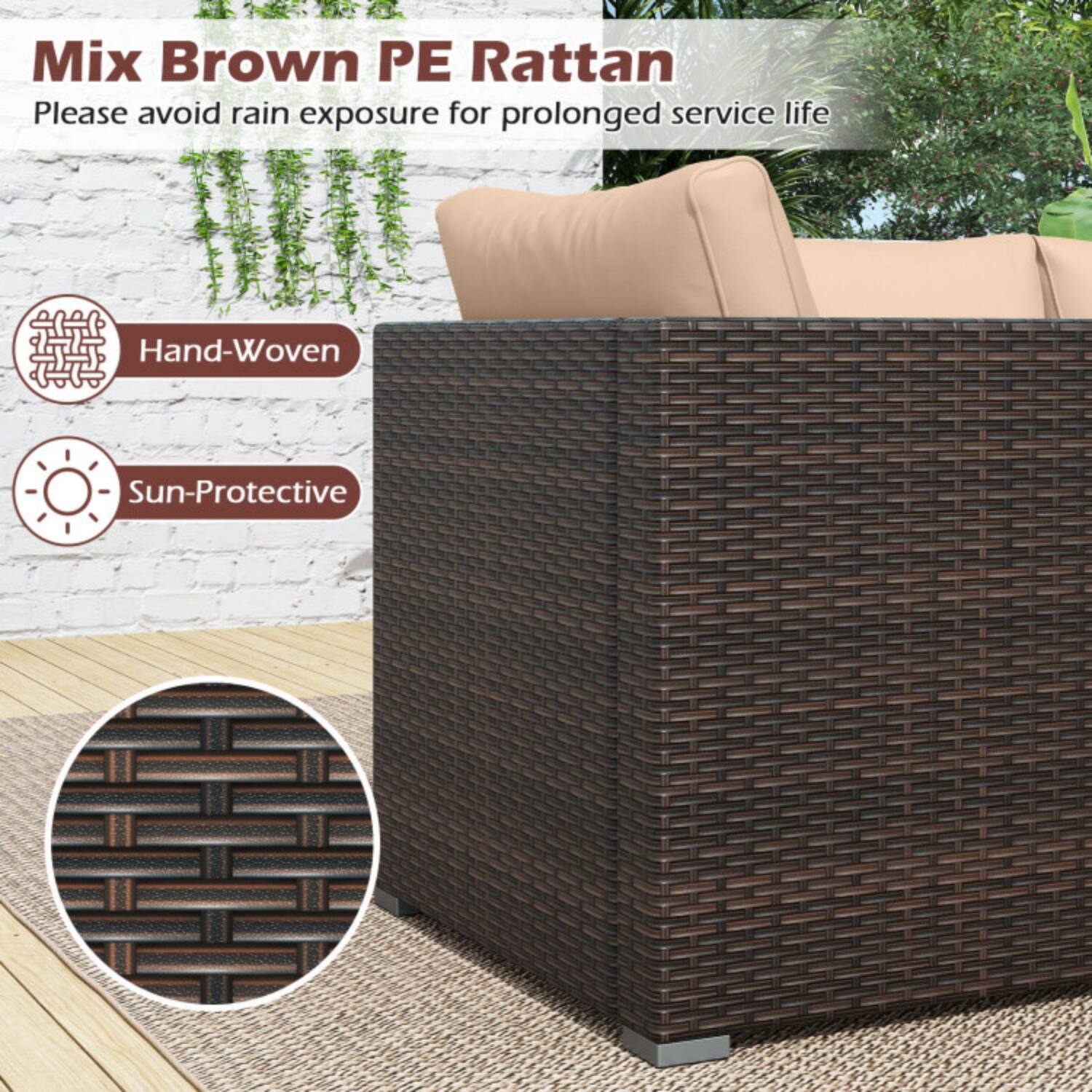 Mix Brown PE Rattan  
Please avoid rain exposure for prolonged service life  

Hand-Woven  
Sun-Protective