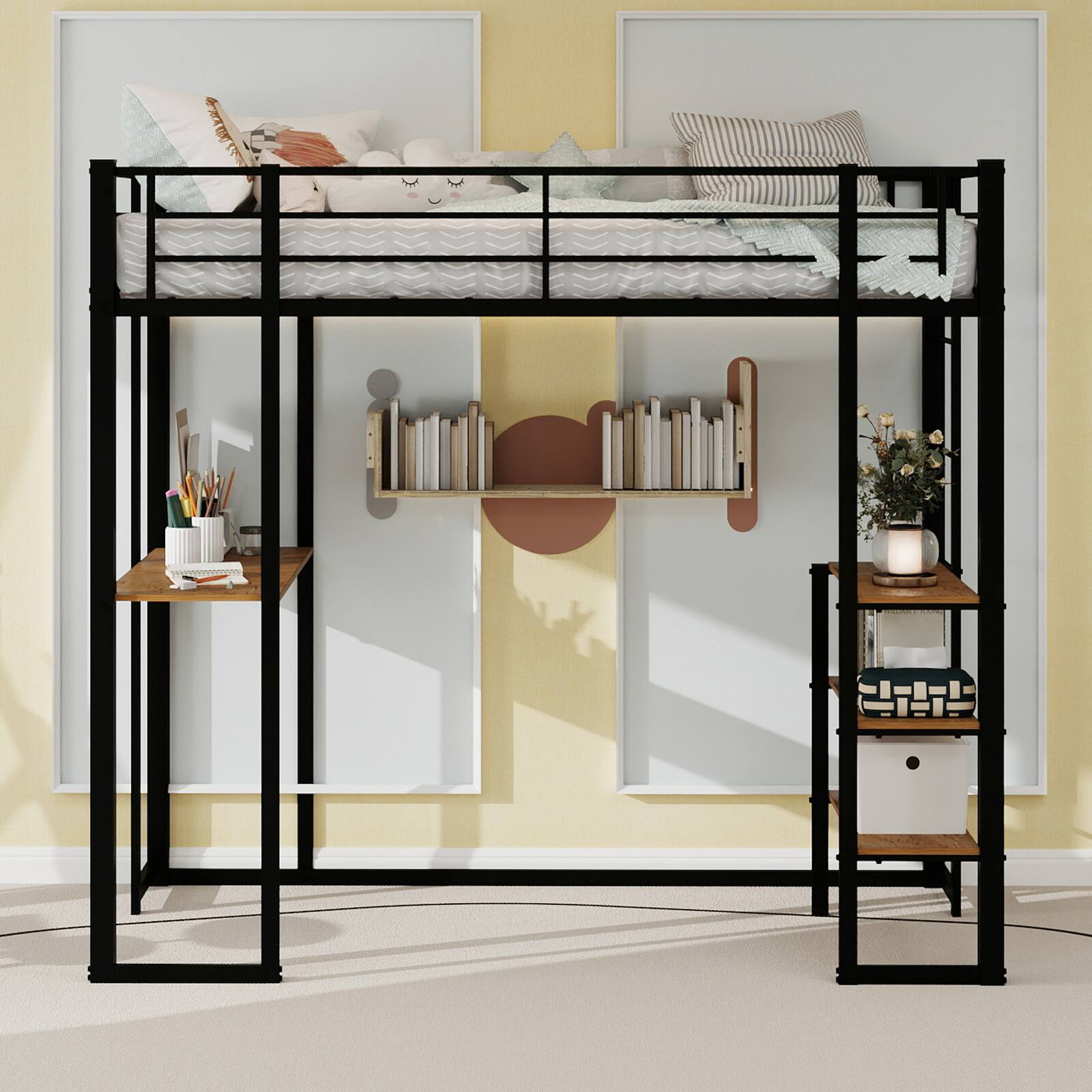 Angle. Loheer - Loheer Twin Loft Bed with Desk and Storage Shelves Modern Black Metal Wood Space Saving Frame - Black.