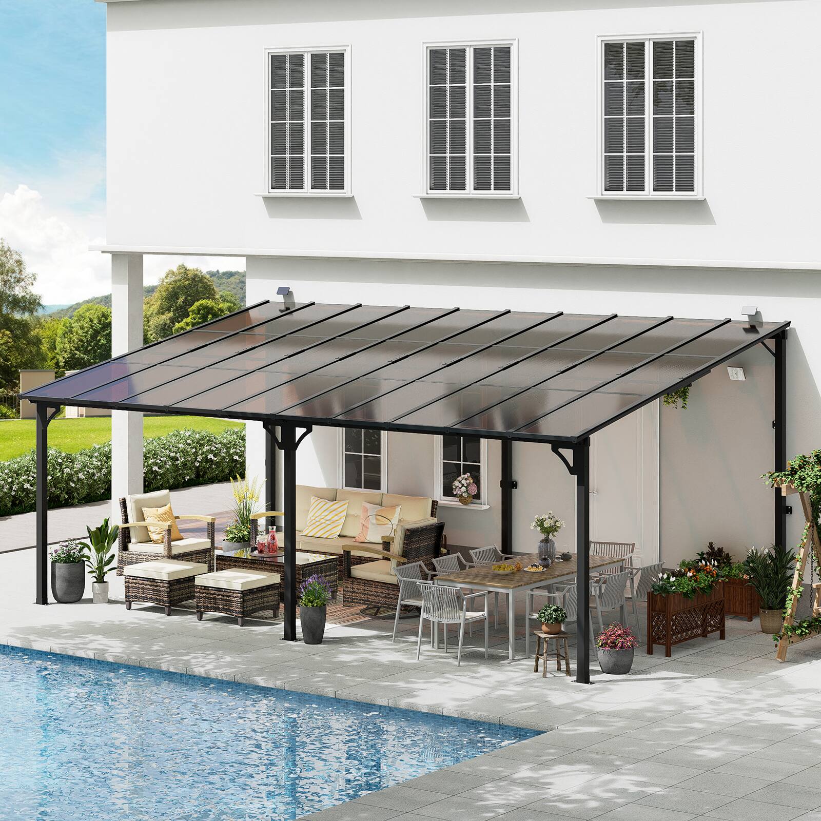 Angle. Yardgrace - 12'x 20' Outdoor Wall Mounted Lean-to Gazebo, Heavy Duty Sloped Roof Metal Awning for Patio, Decks & Backyard - Black.