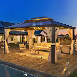 U-HOMY - Outdoor Hardtop Gazebo with Aluminum Frame, Double Roof Canopy, Curtains & Mosquito Netting - 10'x13'