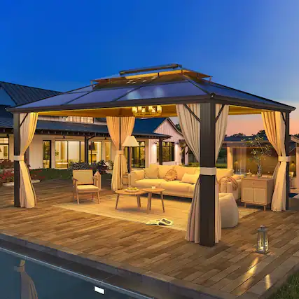 Front. U-HOMY - U-HOMY Outdoor Hardtop Gazebo with Aluminum Frame, Double Roof Canopy, Curtains & Mosquito Netting - 10'x13'.