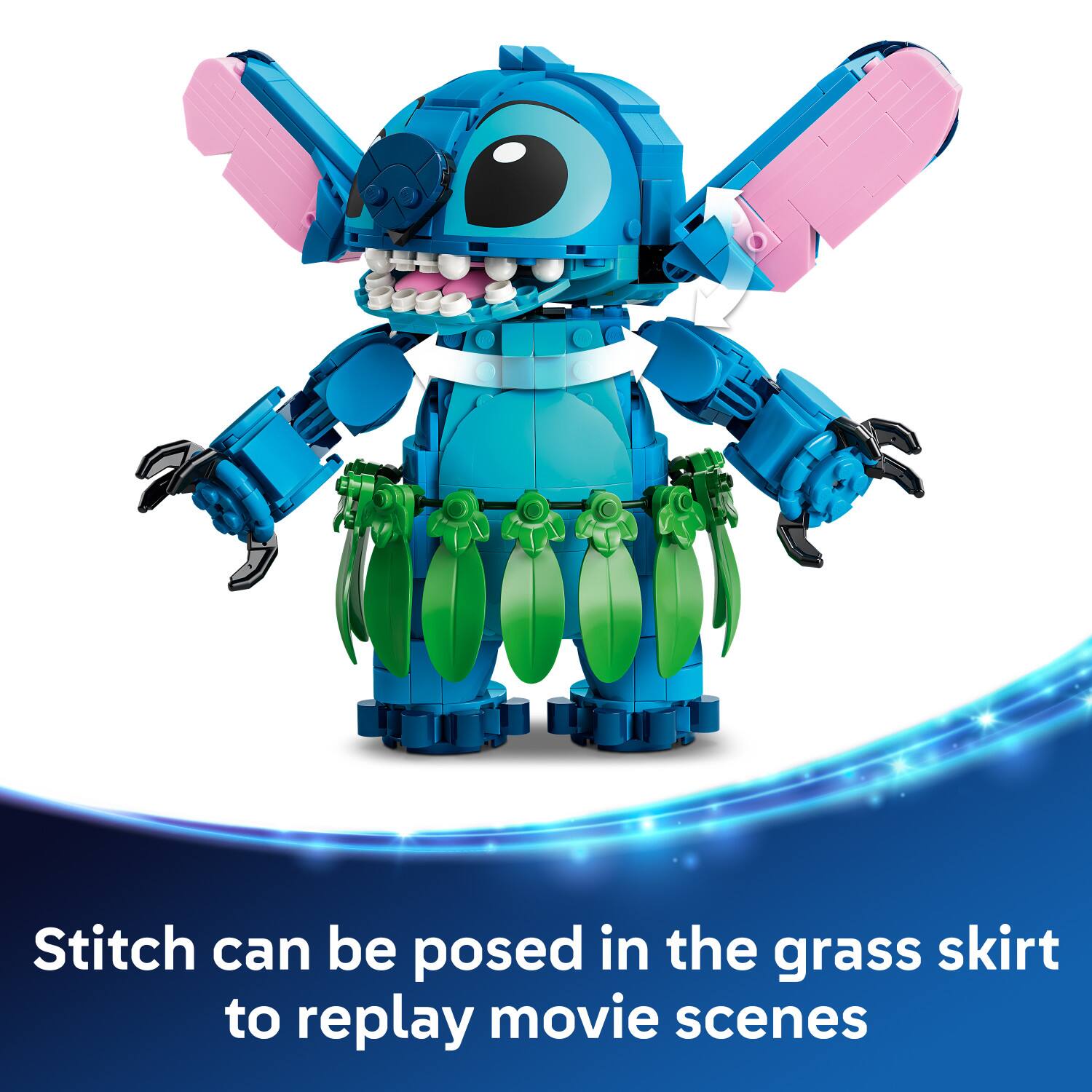 Stitch can be posed in the grass skirt to replay movie scenes