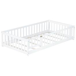 GOODSILO - Twin Size Low-Profile Children's Floor Bed with Safety Guardrails and Entry Door, Natural Wood Finish - White