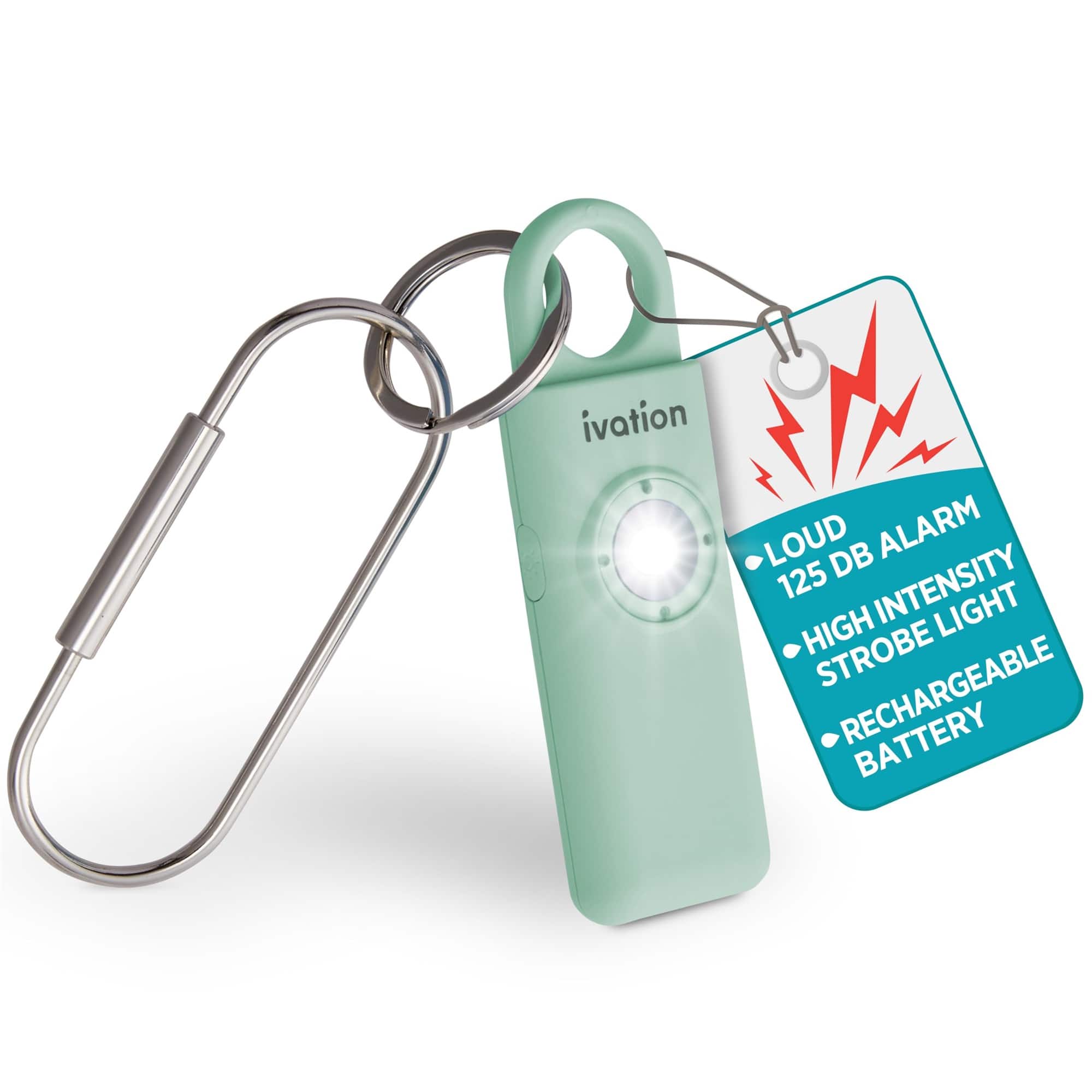 Ivation - Personal SOS Keychain Alarm, 130 dB Rechargeable Personal Alarm w/LED Strobe Light - Green