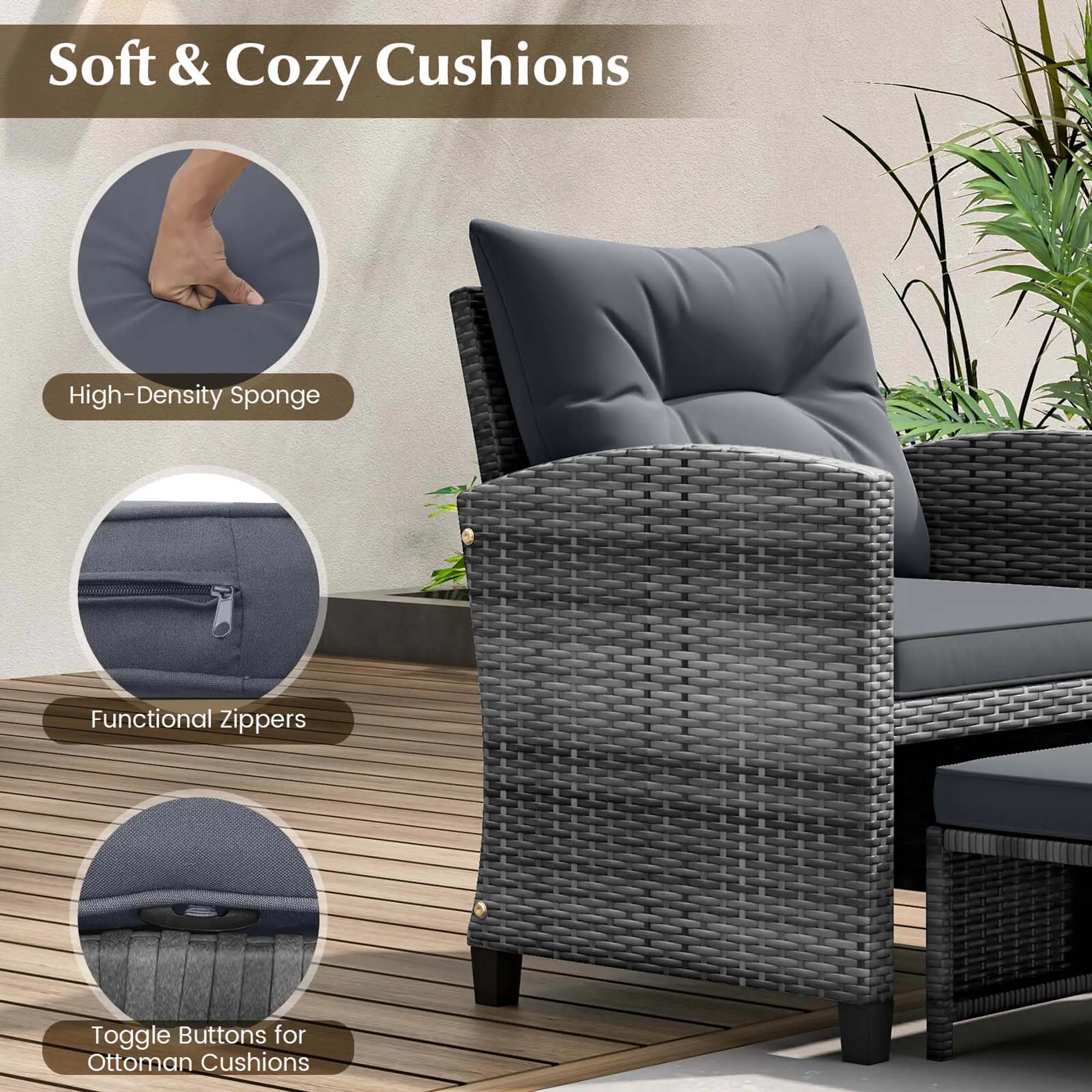 Soft & Cozy Cushions: High-Density Sponge Functional Zippers Toggle Buttons for Ottoman Cushions