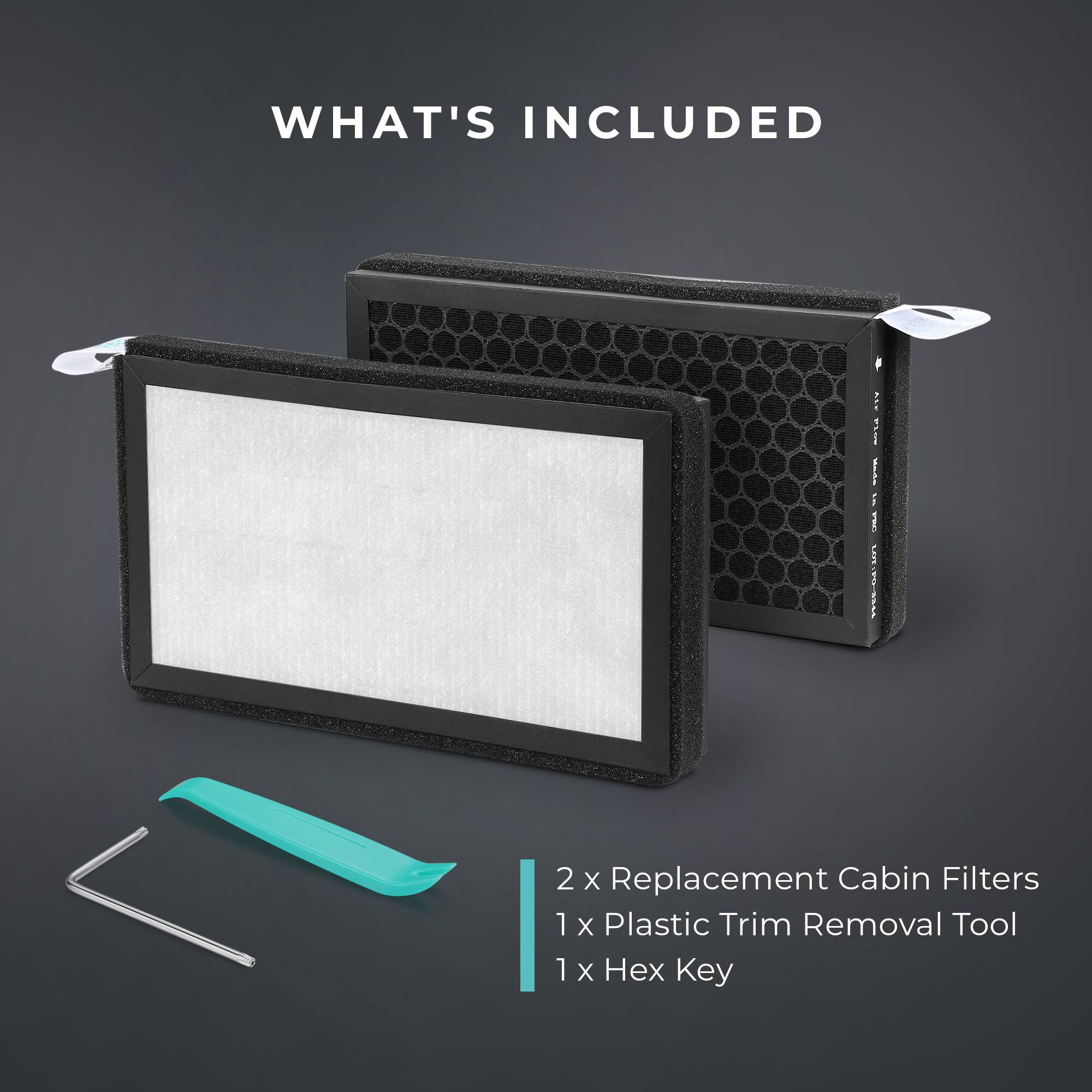 What's Included:
- A30-E 2 X Replacement Cabin Filters
- 1 X Plastic Trim Removal Tool
- 1 X Hex Key