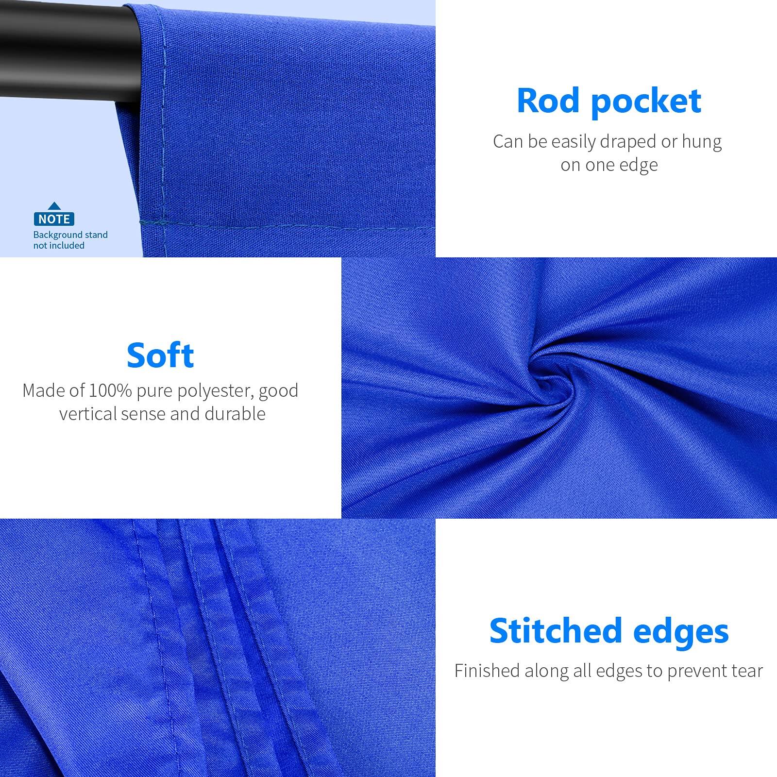 Rod pocket  
Can be easily draped or hung on one edge  

NOTE  
Background stand not included  

Soft  
Made of 100% pure polyester, good vertical sense and durable  

Stitched edges  
Finished along all edges to prevent tear