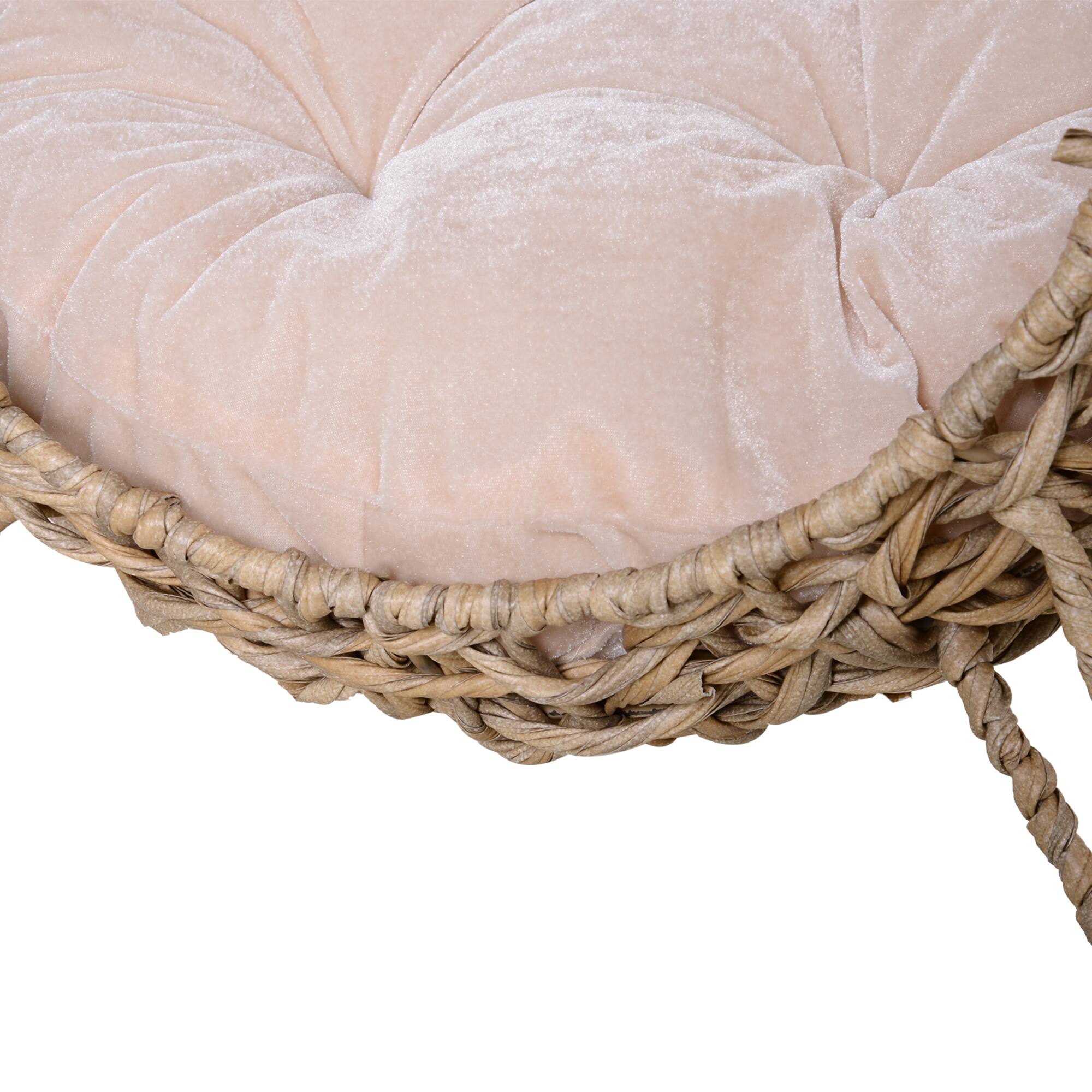 Angle. Siljoy - 20.5" Hand‑Woven Banana Leaf Cat Bed, Elevated Egg Chair with Cushion & Tripod Base, Beige - Beige.