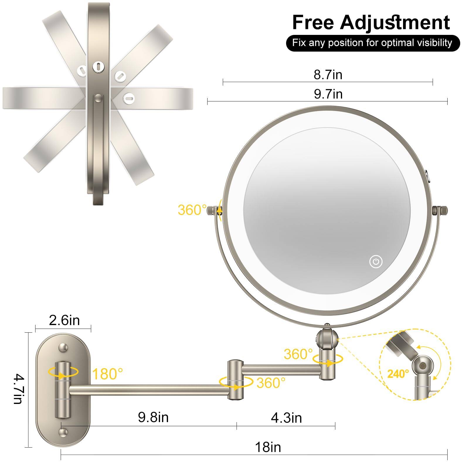 Free Adjustment  
Fix any position for optimal visibility  

8.7in  
9.7in  

360°  

2.6in  
4.7in  
180°  

9.8in  

360°  
360°  
240°  

4.3in  
18in