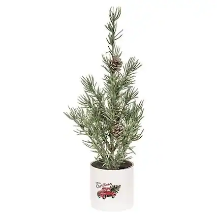Front. BreeBe - Mini Alpine Tree In "Merry Christmas" Truck Pot - Green, White, Red.