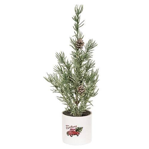 Front. BreeBe - Mini Alpine Tree In "Merry Christmas" Truck Pot - Green, White, Red.
