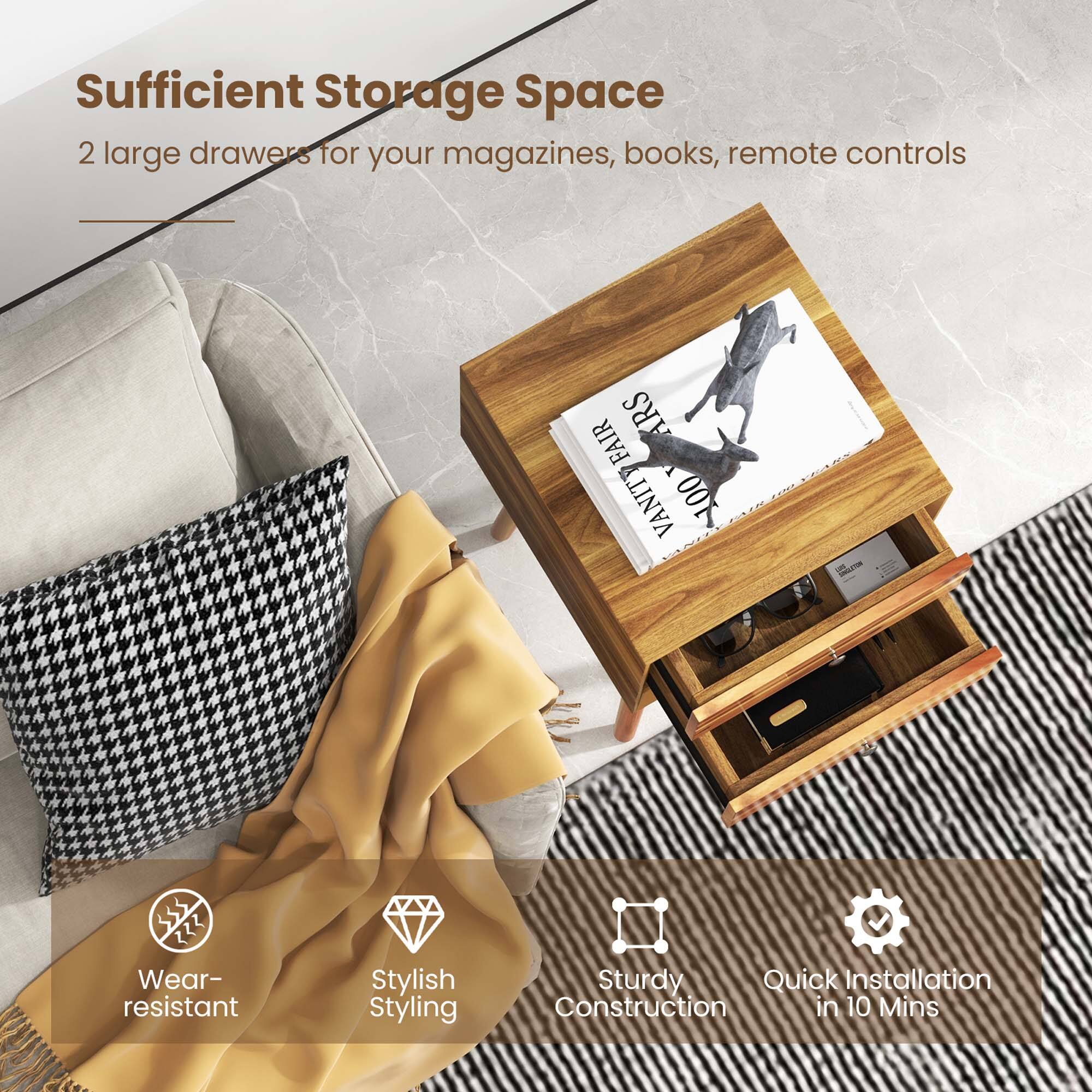 Sufficient Storage Space: 2 large drawers for your magazines, books, remote controls. Stylish Styling, Wear-resistant, Sturdy, Quick Installation, Construction in 10 Mins.