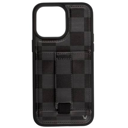 Front. Walli Cases - Midnight Check Phone Case with Wallet and Finger Strap for iPhone 16 Plus - Midnight Check.