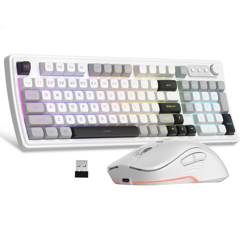 Luckbyte - Wireless Keyboard and Mouse Combo - 96% Silent RGB Backlit Rechargeable Ergonomic Set with Number Pad for PC Mac - White