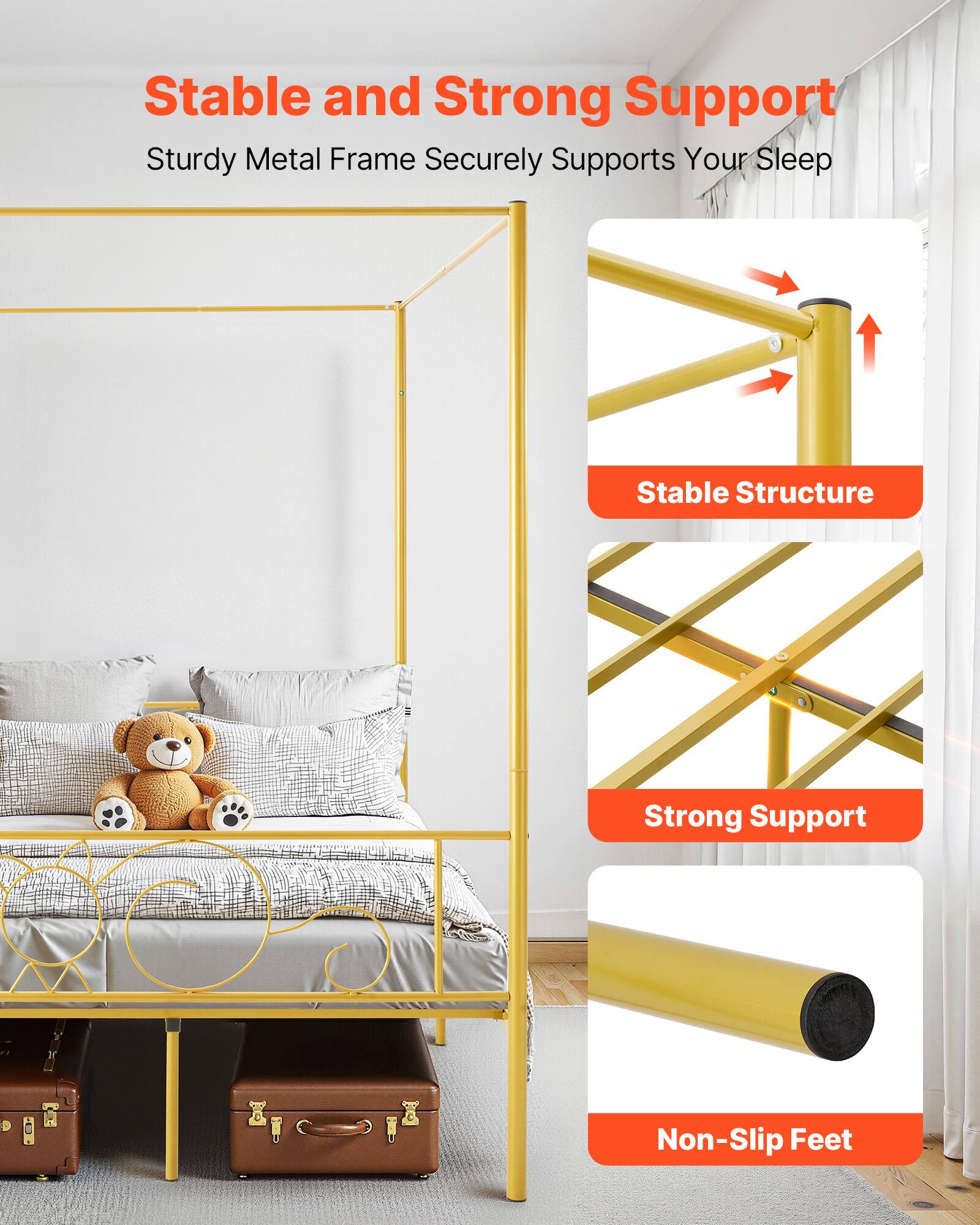 Stable and Strong Support  
Sturdy Metal Frame Securely Supports Your Sleep  

- Stable Structure  
- Strong Support  
- Non-Slip Feet