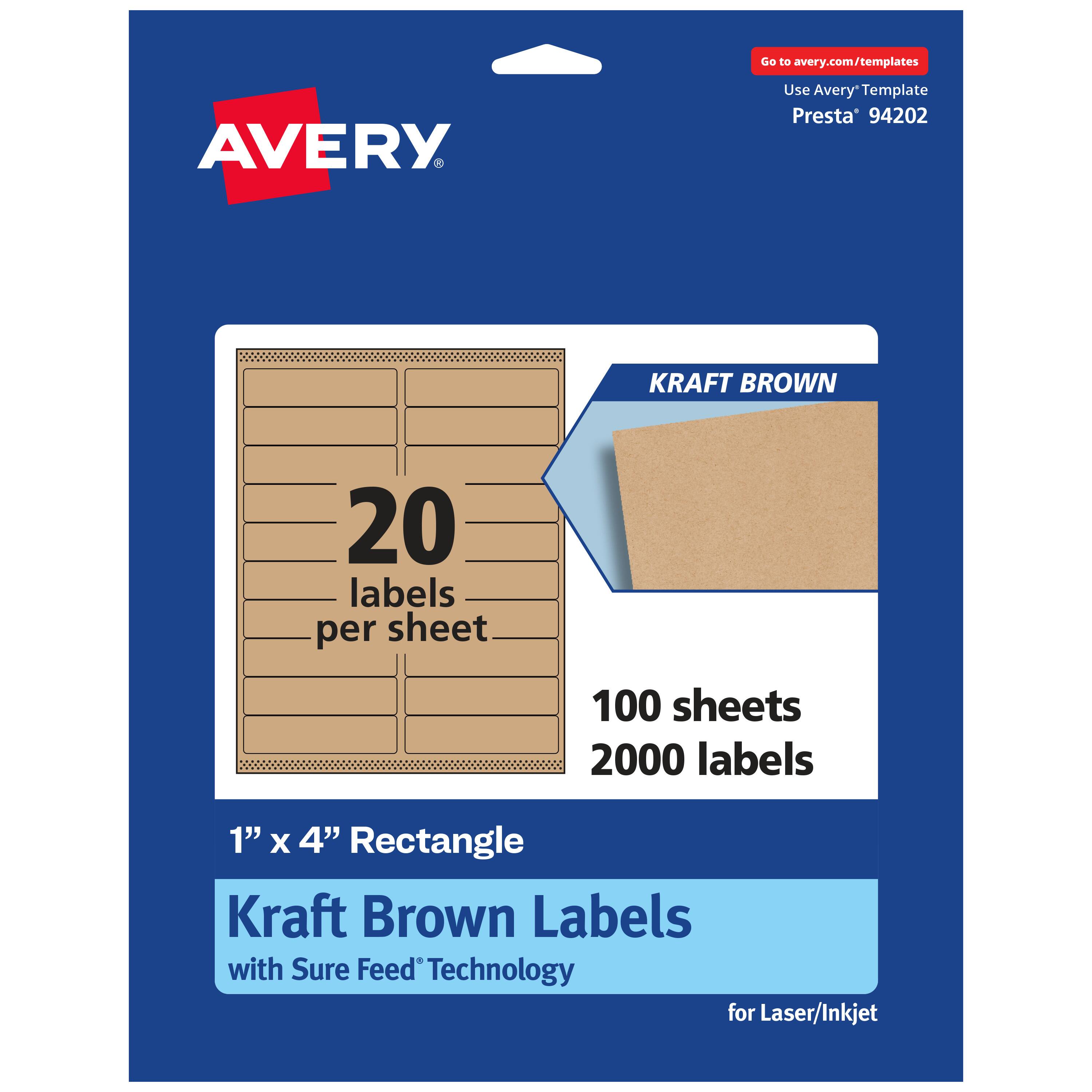Go to avery.com/templates

Use Avery Template Presta 94202

KRAFT BROWN

20 labels per sheet

100 sheets 2000 labels

1" x 4" Rectangle Kraft Brown Labels with Sure Feed Technology for Laser/Inkjet