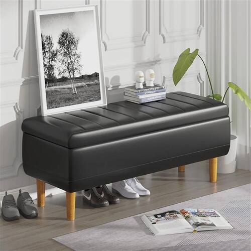 Alt View 1. SlickBlue - Modern Mid-Century Storage Bench Ottoman with Faux Leather Upholstery - Black.