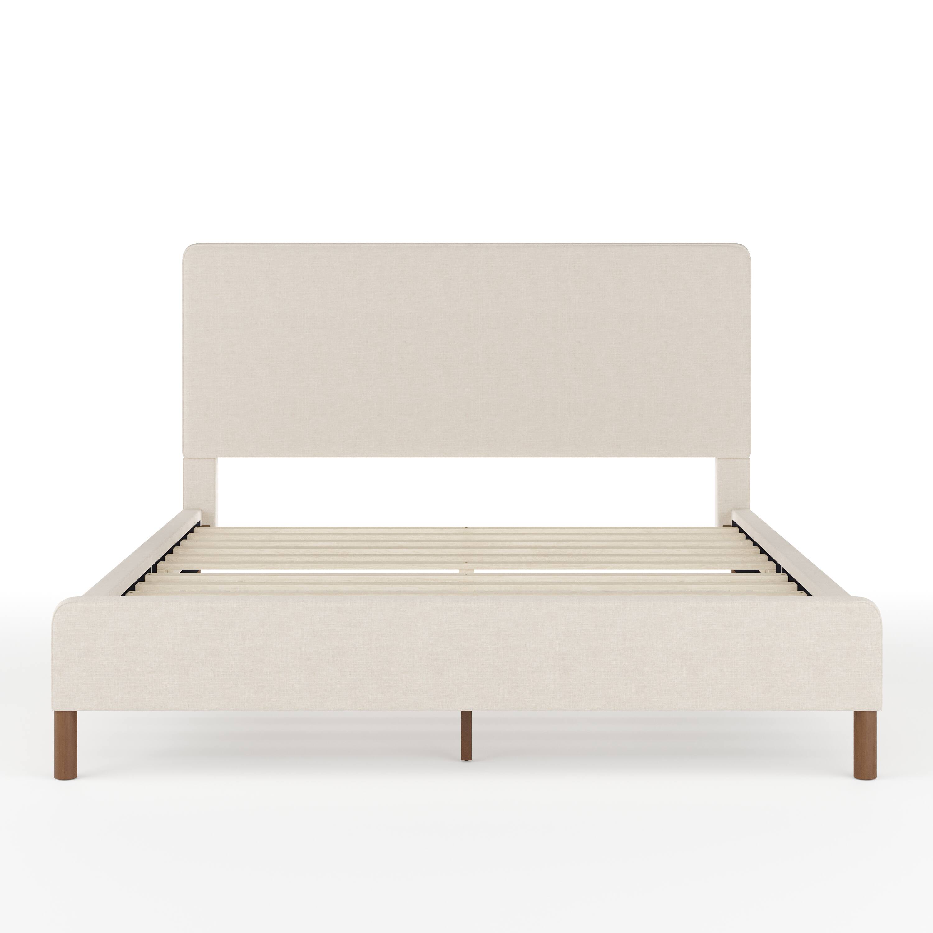 Alt View 18. Martha Stewart - Britta Faux Linen Upholstered Queen Size Platform Bed with Piped Headboard - Beige Fabric/Walnut Legs.