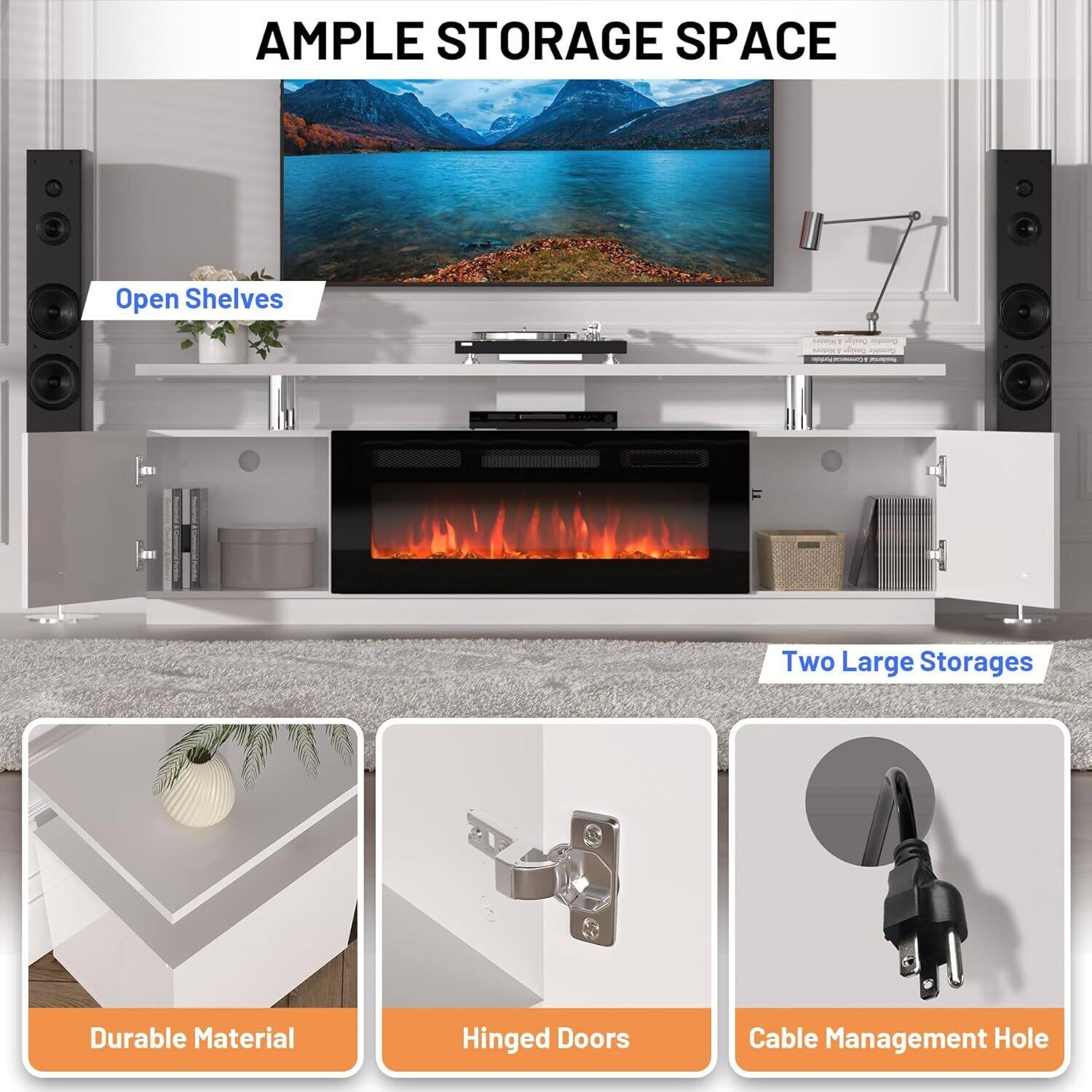 AMPLE STORAGE SPACE

- Open Shelves
- Two Large Storages
- Durable Material
- Hinged Doors
- Cable Management Hole