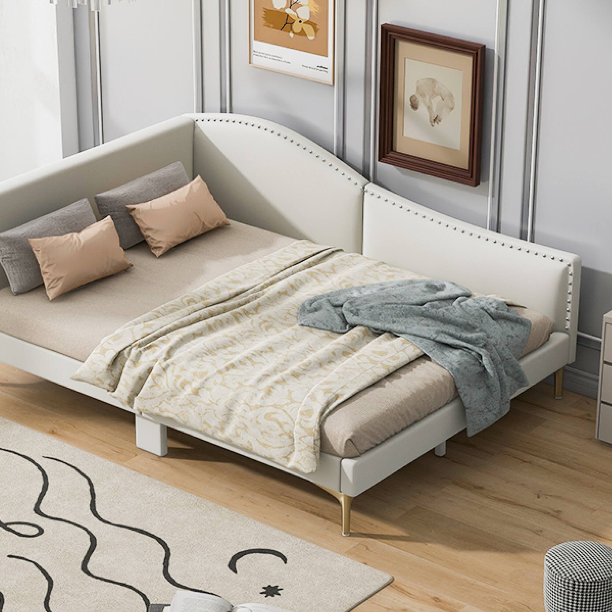 Alt View 5. GOODSILO - Full Size Upholstered Daybed with Headboard and Armrest, Support Legs - Beige.