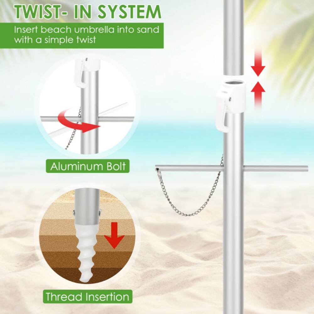 TWIST-IN SYSTEM  
Insert beach umbrella into sand with a simple twist  

Aluminum Bolt  
Thread Insertion