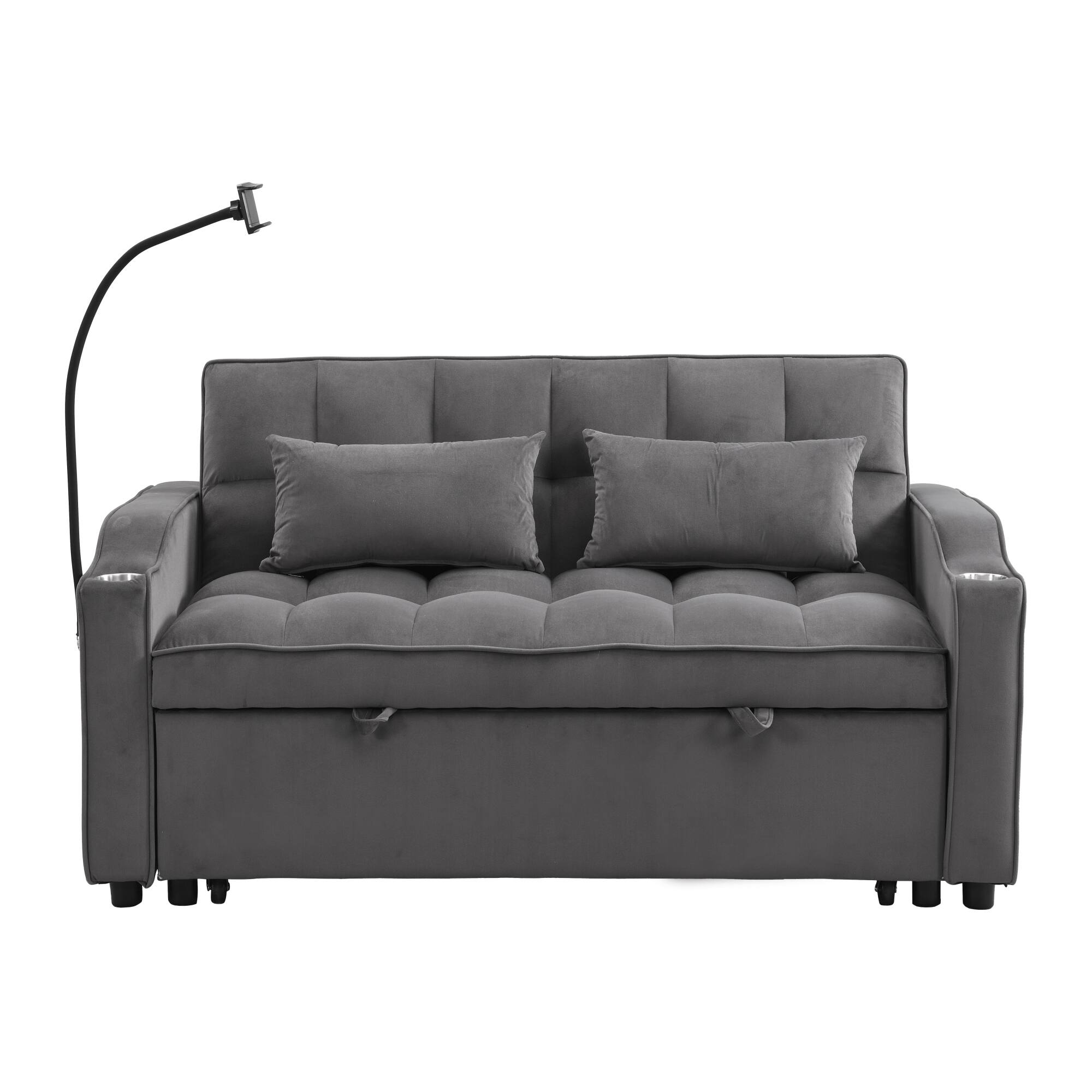 Back. GOODSILO - Convertible Velvet Sofa Bed with Adjustable Backrest, USB Ports, and Storage Pockets for Compact Living Spaces - Dark Grey.