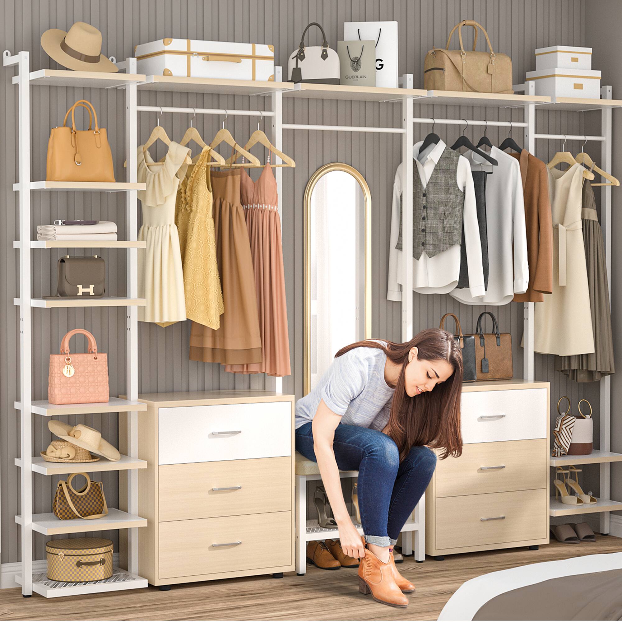 Alt View 2. Aheaplus - 8FT Wood Closet Organizer with 6 Drawers and Hanging Rack for Bedroom Storage - White Oak.