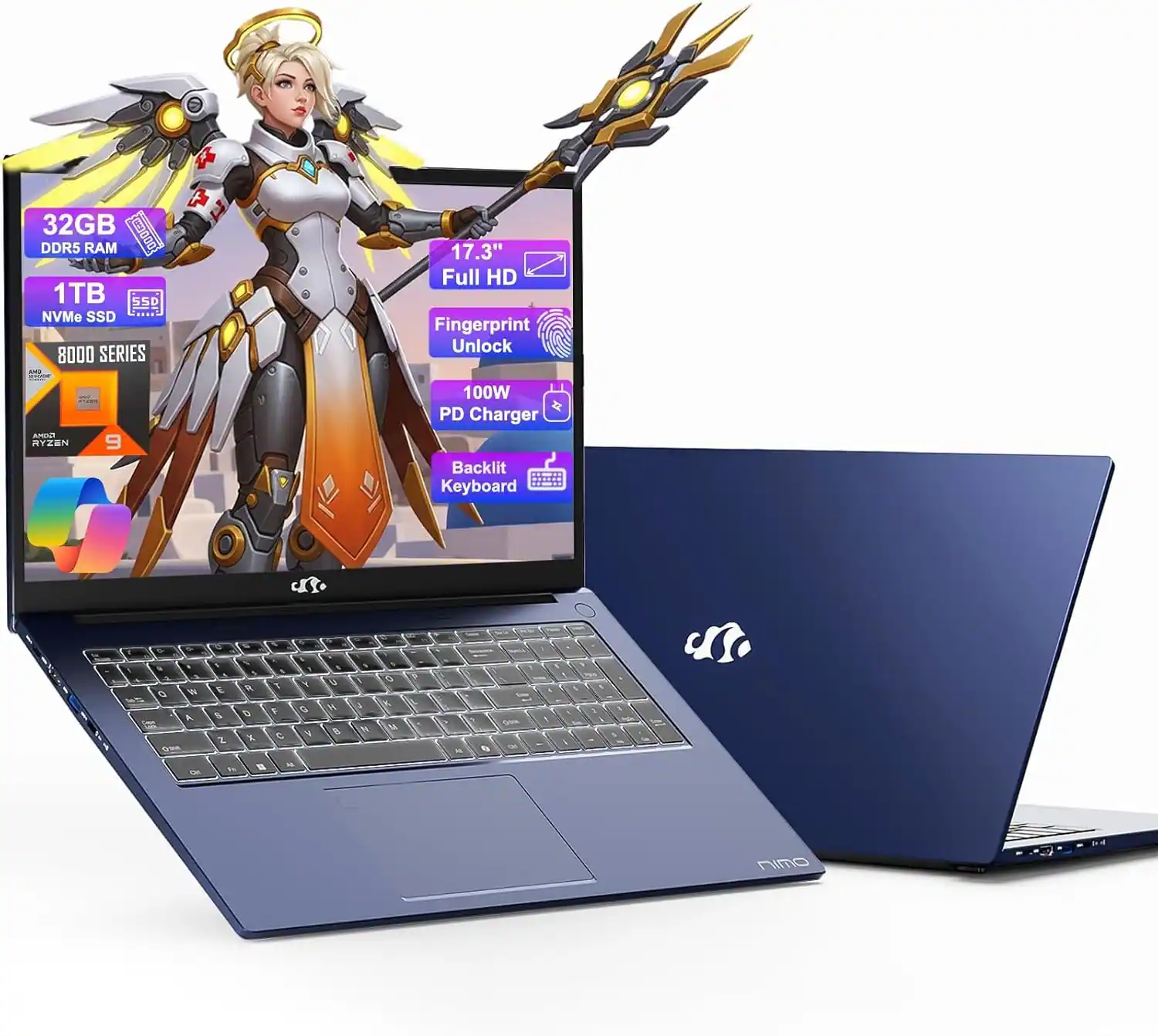 NIMO - 17.3 Gaming-Laptop AI Ryzen 9 8945HS 32GB RAM 1TB SSD USB-C 4.0 AI-Enhanced for Copilot VR Ready - Blue