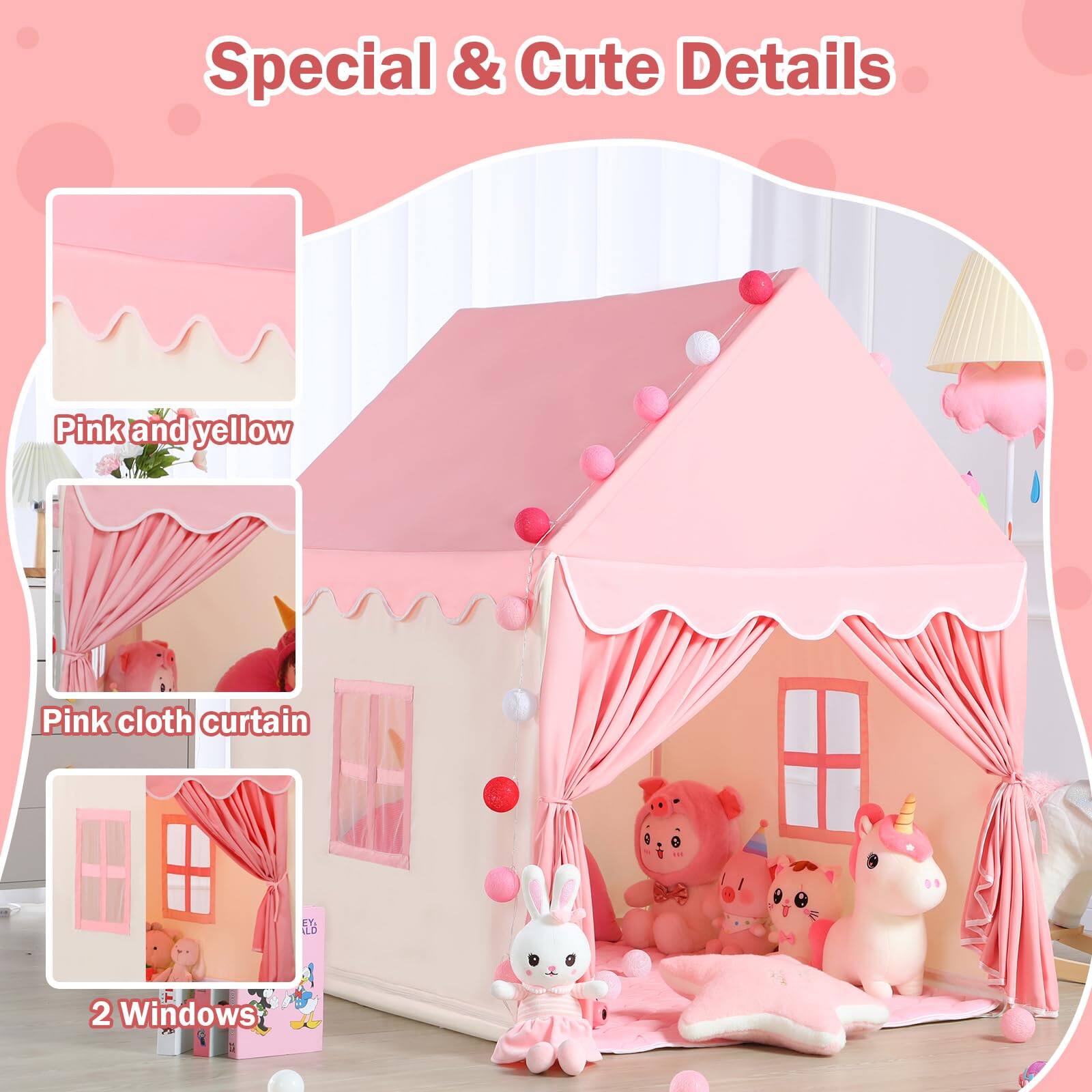 Special & Cute Details

Pink and yellow

Pink cloth curtain

2 Windows