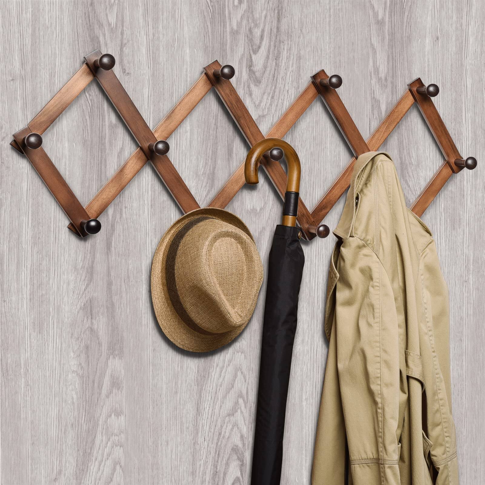 HM 1810 - Wood Accordion Wall Rack pegs Expandable Mounted Hanger For Coat Hat Scarf Coffee Mugs X Shape Color - Retro 13 Hooks