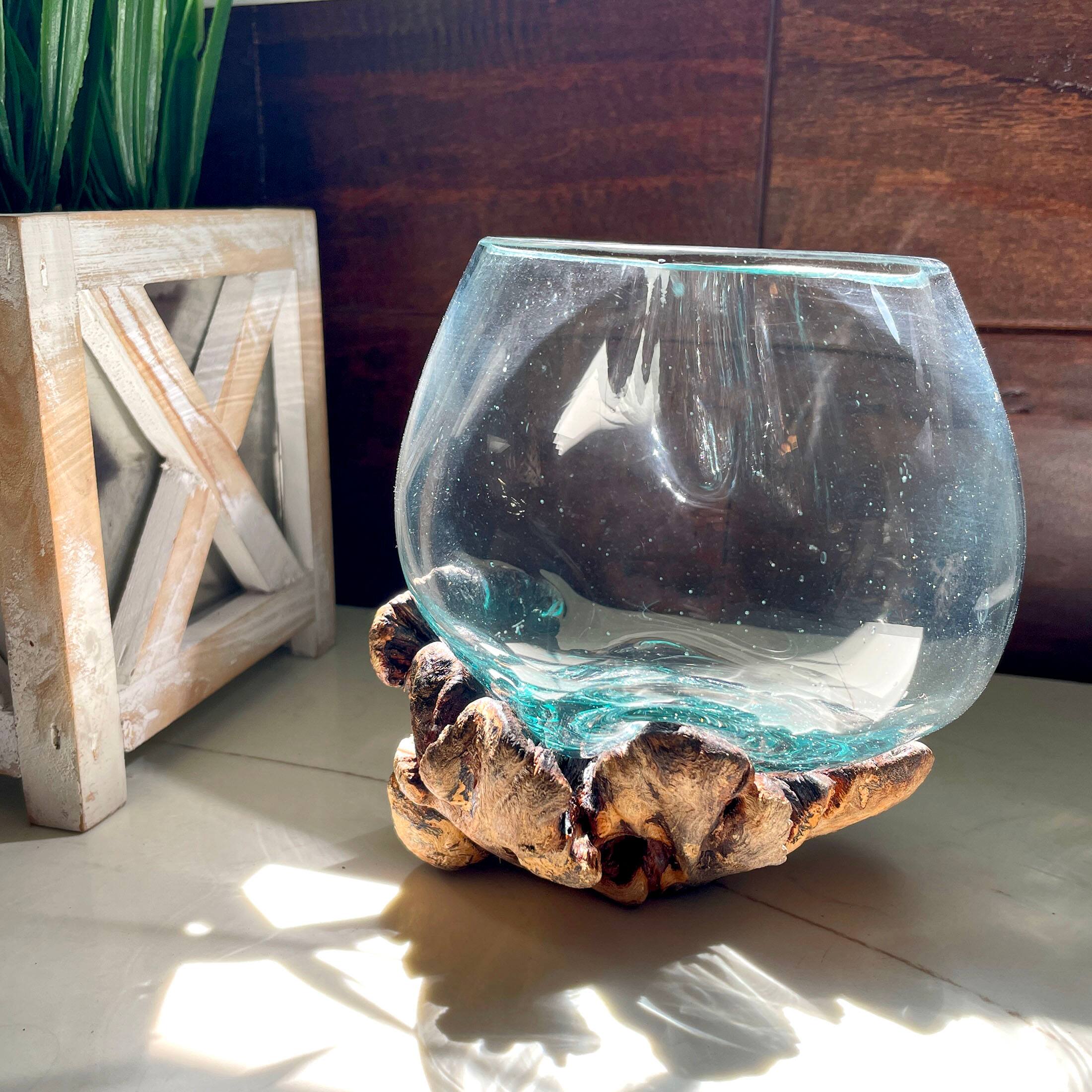 Alt View 3. J.D. Yeatts - Melted Glass On Gamal Root Wood Decorative Bowl/Vase/Terrarium Planter - Brown.