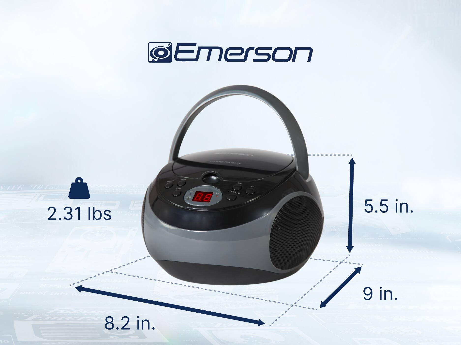 Emerson E -- 2.31 lbs, 5.5 in., 8.2 in., 9 in.