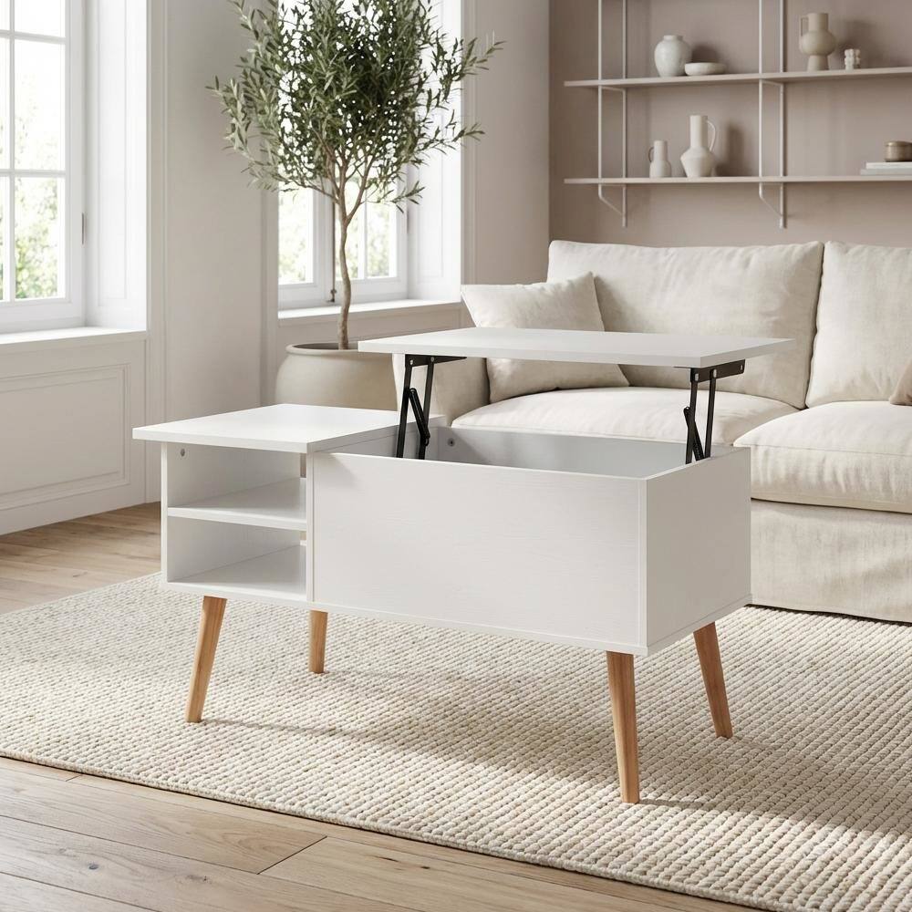 Left. FurniFact - White Coffee Table with Hidden Compartment and Open Side Shelf Storage - Solid White.