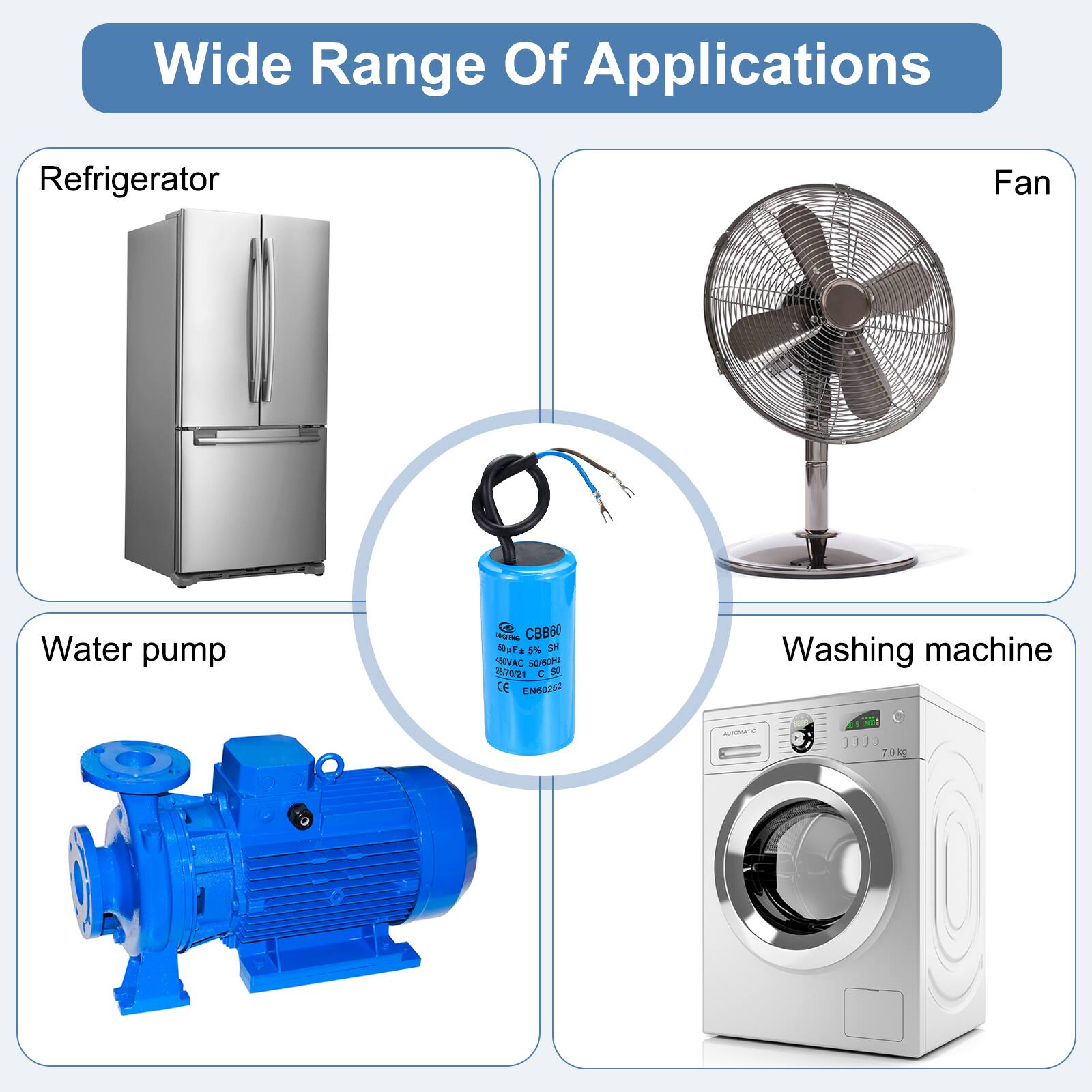 Wide Range Of Applications

- Refrigerator
- Fan
- Water pump
- Washing machine (7.0kg)