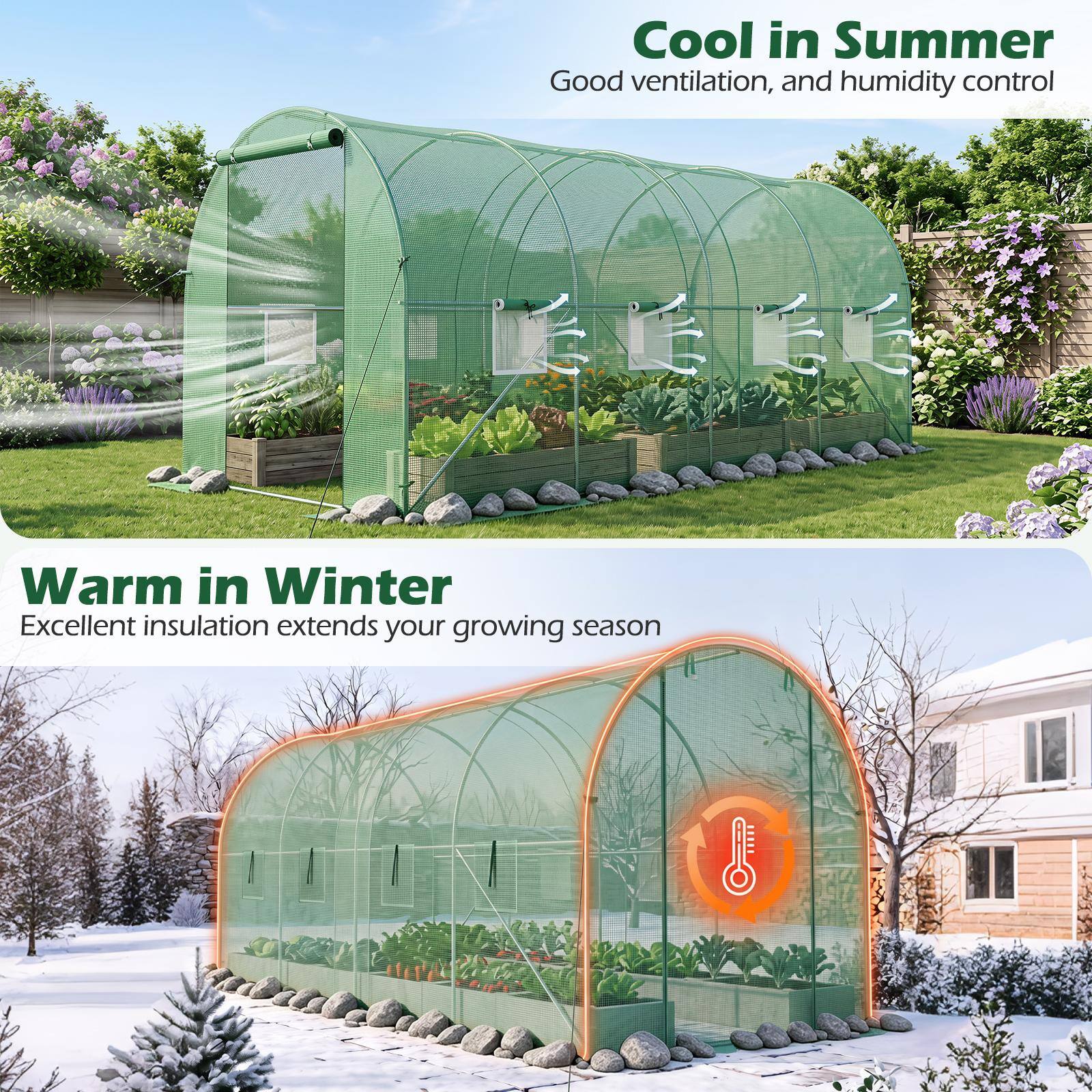 Cool in Summer  
Good ventilation, and humidity control

Warm in Winter  
Excellent insulation extends your growing season