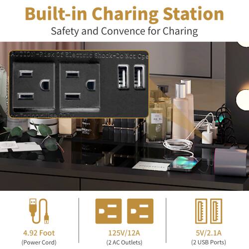 Built-in Charging Station  
Safety and Convenience for Charging  

**CAUTION:** Risk of Electric Shock - Do Not Open  

- 4.92 Foot (Power Cord)  
- 125V/12A (2 AC Outlets)  
- 5V/2.1A (2 USB Ports)