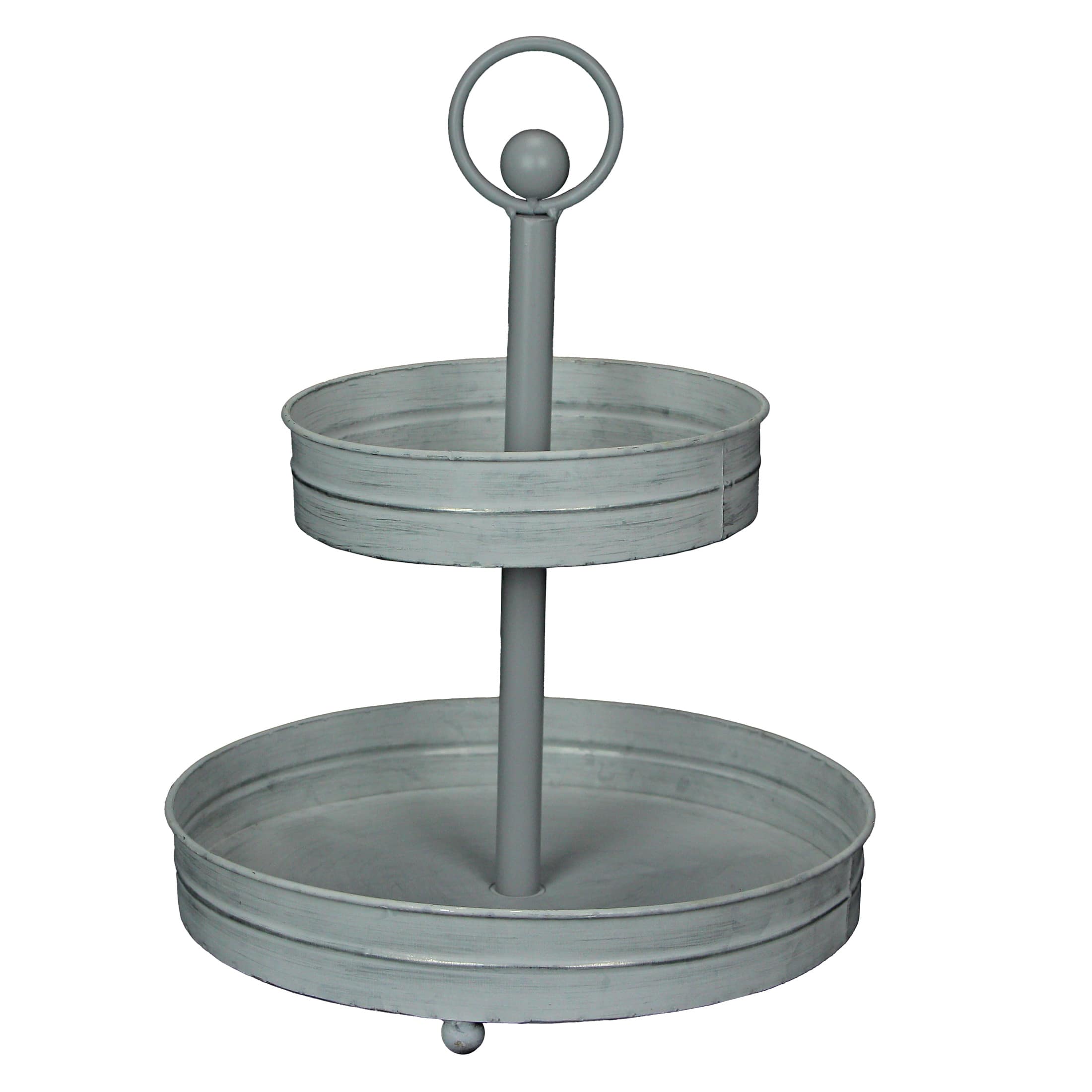 Zeckos - Galvanized Metal Rustic Round Two Tier Farmhouse Tray Serving Stand - White