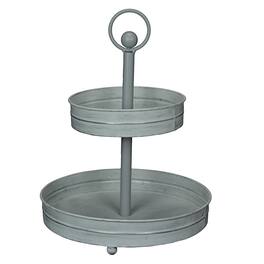 Zeckos - Galvanized Metal Rustic Round Two Tier Farmhouse Tray Serving Stand - White