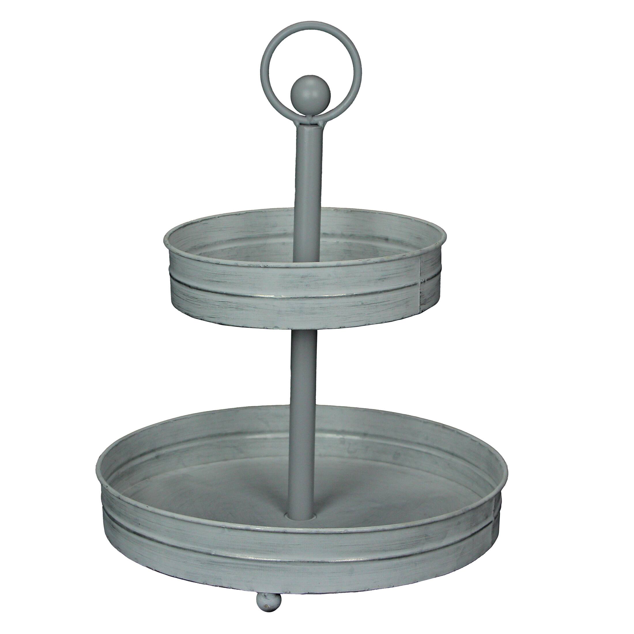 Front. Zeckos - White Galvanized Metal Rustic Round Two Tier Farmhouse Tray Serving Stand - White.
