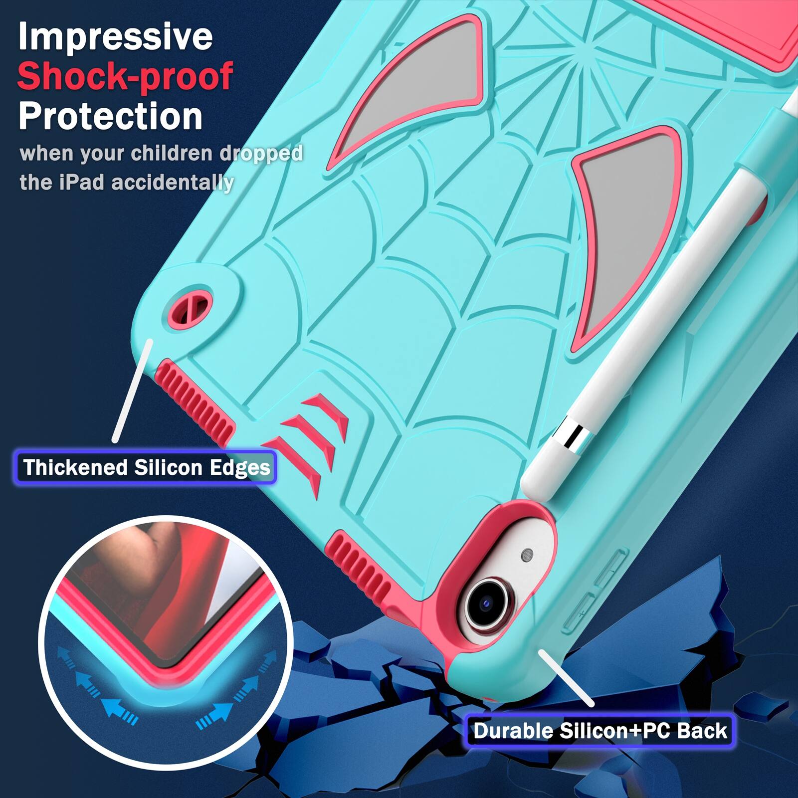 Impressive Shock-proof Protection when your children dropped the iPad accidentally

Thickened Silicon Edges

Durable Silicon+PC Back