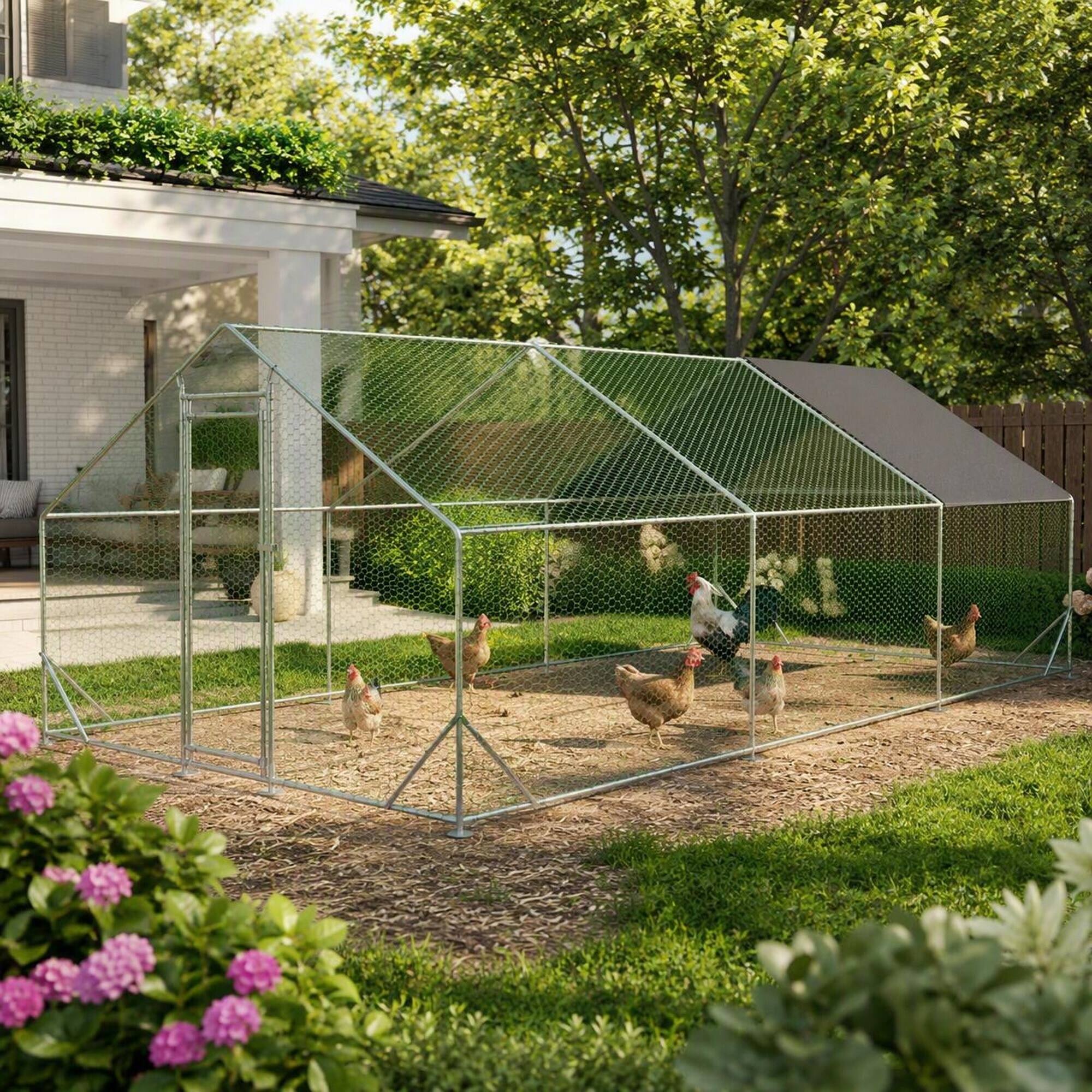 Left. RYHNUYNE - Large Metal Chicken Coop, Walk-in Chicken Run, Galvanized Wire Poultry Cage with Waterproof & Anti-UV Cover.