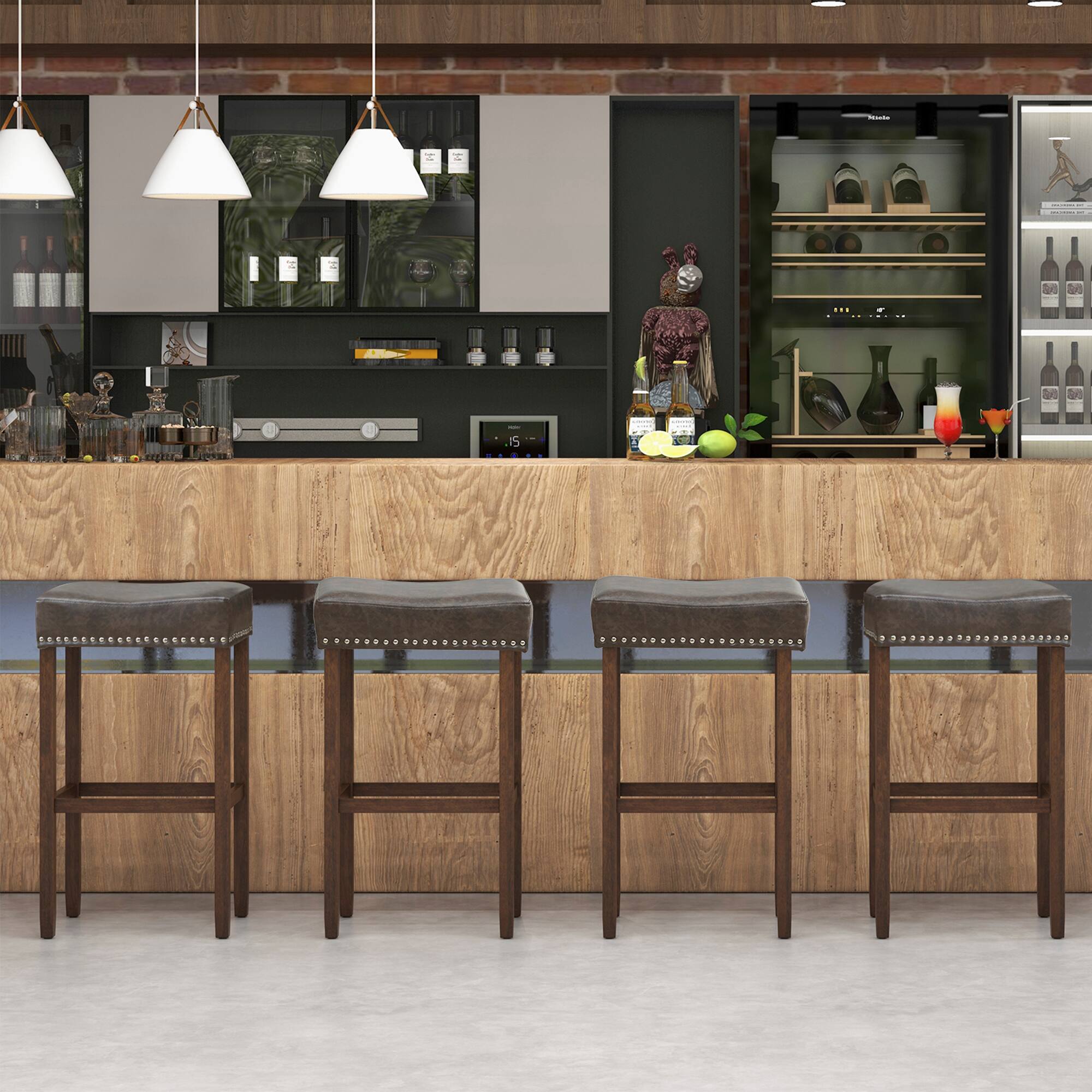 Alt View 2. Gymax - Gymax 4PCS 29.5'' Bar Stool Set Counter Height Saddle Stools with Rubber Wood Frame - Gray + Brown.