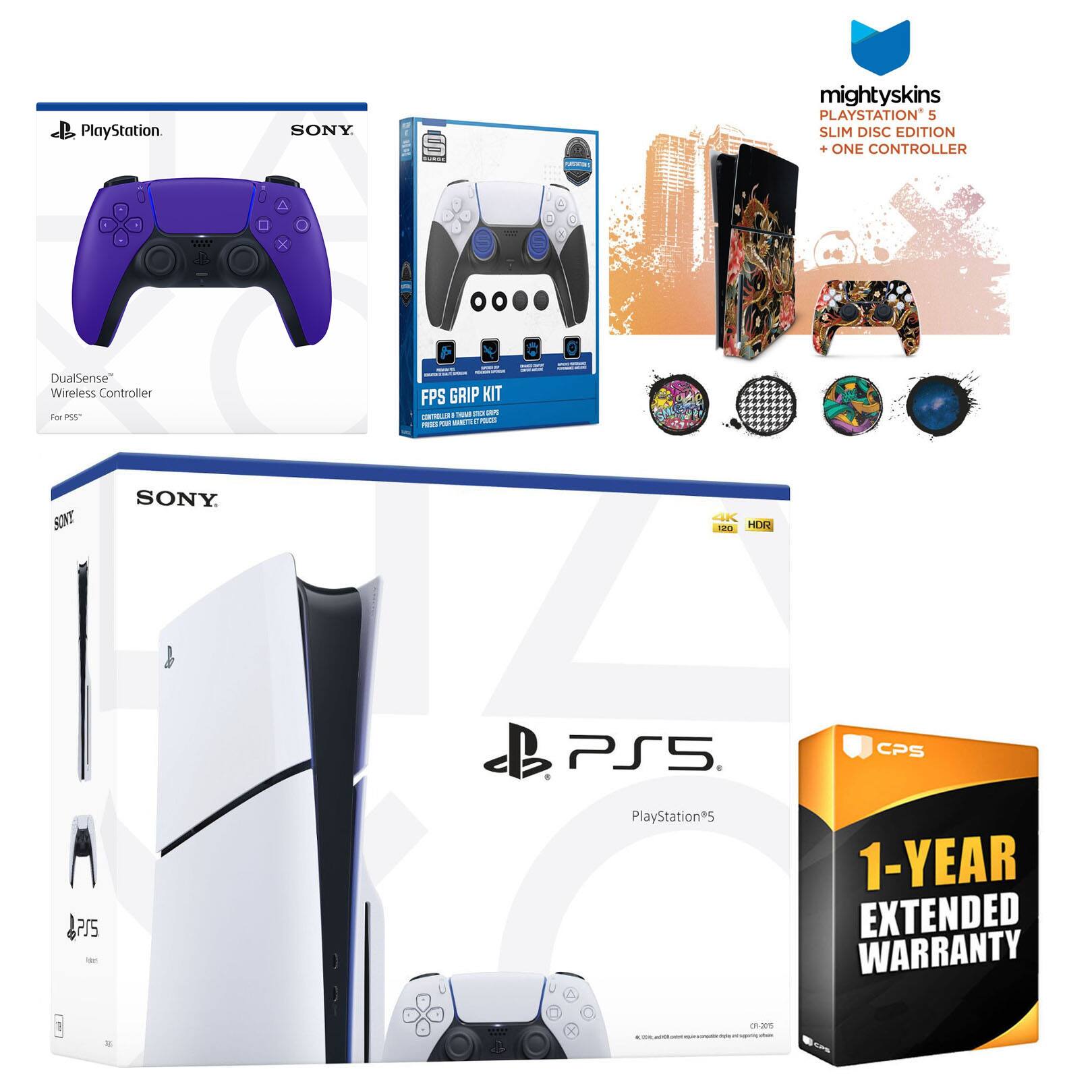 Playstation 5 Slim Disc with Extra Controller, FPS Grip Kit and MightySkins Decal Voucher + 1 Year - PlayStation 5