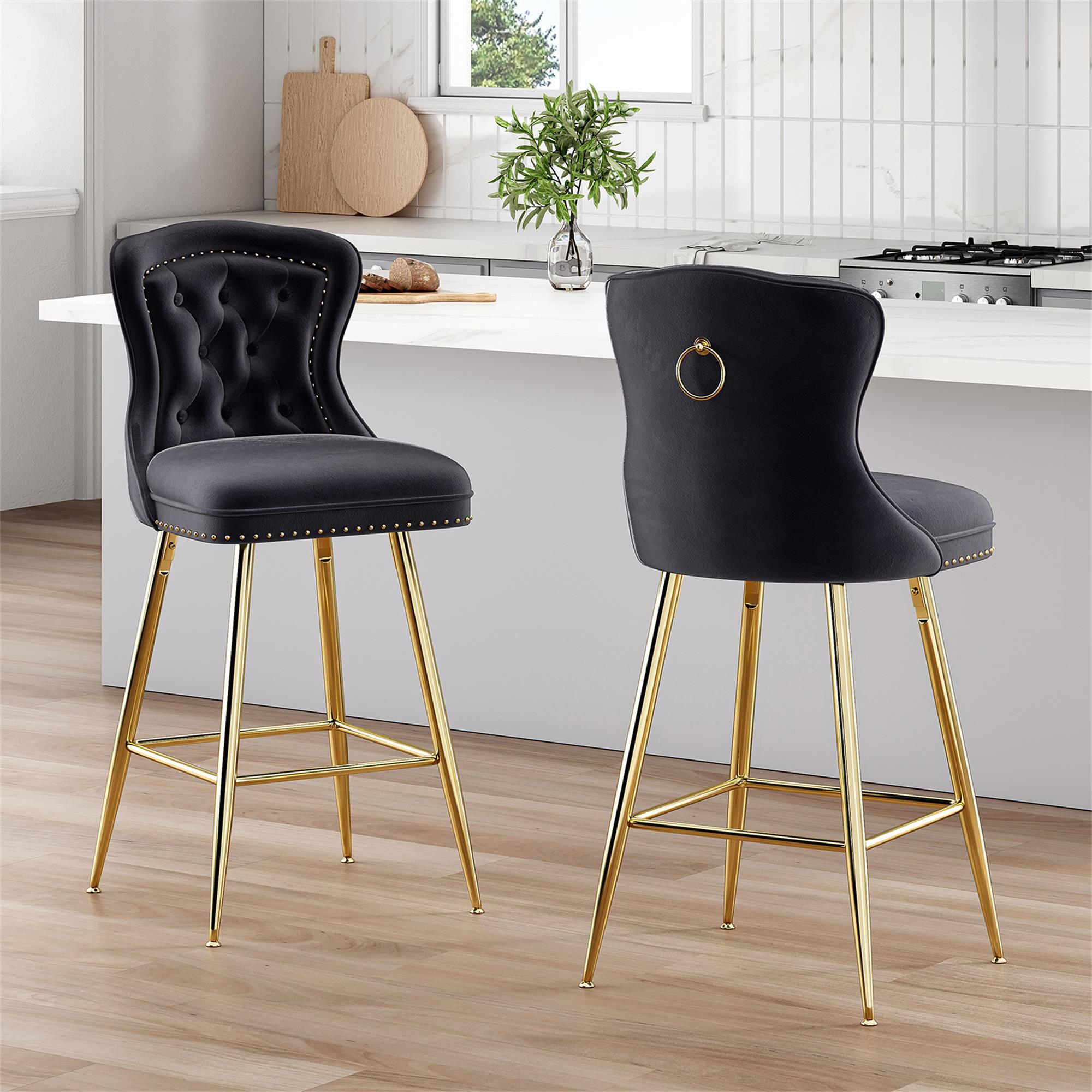 Alt View 1. Boyel Living - Black Bar Stools Set of 2 Velvet Counter Height Bar Stools with Metal Legs Button Tufted and Nailheads Trim - Black.